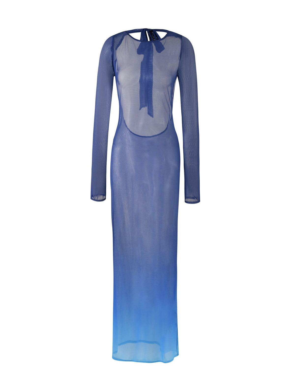 The MEILANI DRESS - BLUE : OMBRE by TIGERMIST is a long-sleeve sheer maxi dress featuring a stunning gradient effect that transitions to a lighter blue at the hem. The dress is designed with a high neckline and includes an elegant keyhole tie detail at the back.