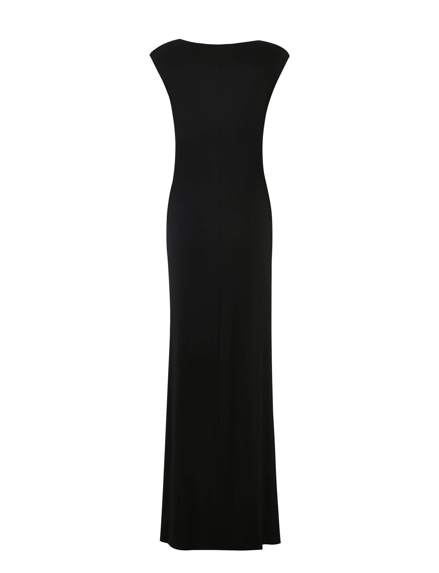 The BLAKELY DRESS - BLACK by TIGERMIST is a full-length, sleeveless dress featuring a rounded neckline and a slim, fitted silhouette. It offers a simple and elegant look, falling straight to the floor without any embellishments or patterns.