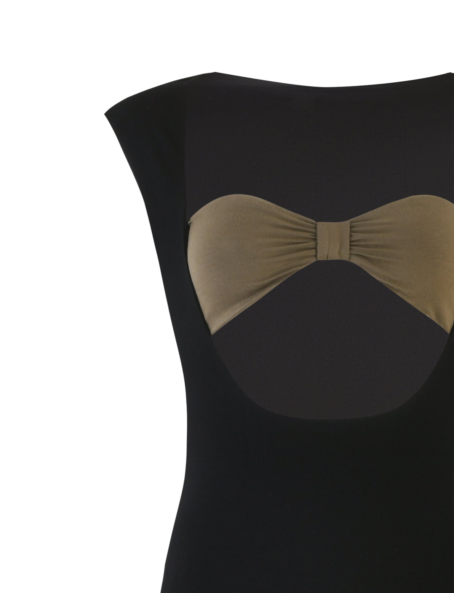 Check out the image of the TIGERMIST BLAKELY DRESS - BLACK, featuring a stylish, sleek design with a unique cut-out at the chest area adorned with a tan-colored bandeau-style detail. The fabric offers a form-fitting look, and the cut-out adds a contemporary, bold touch to this chic dress.