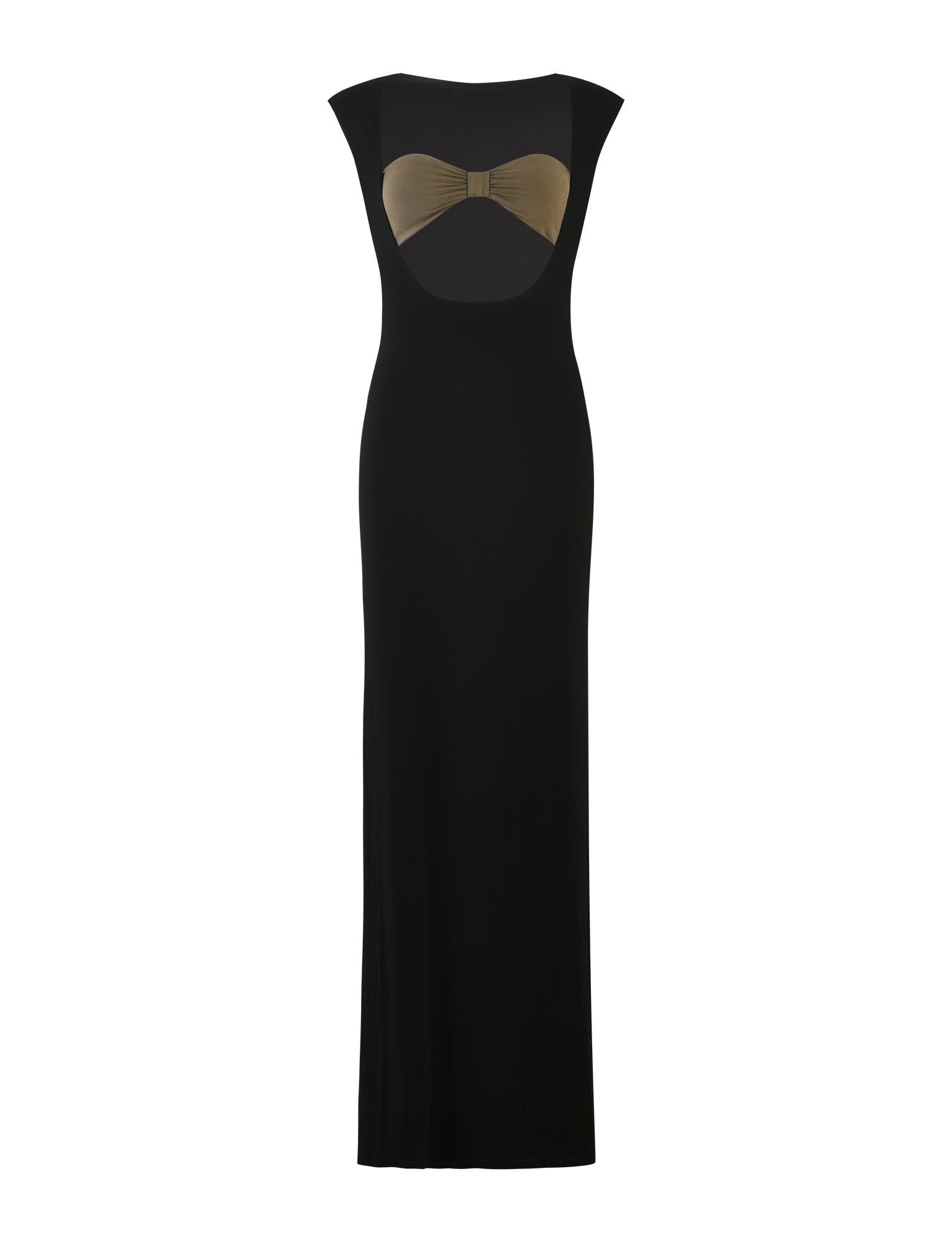 The BLAKELY DRESS - BLACK by TIGERMIST is a full-length, sleeveless black evening gown featuring a semi-sheer black mesh panel with a gold bow detail at the chest, creating an elegant and sophisticated look. The dress has a fitted silhouette and a simple, sleek design.