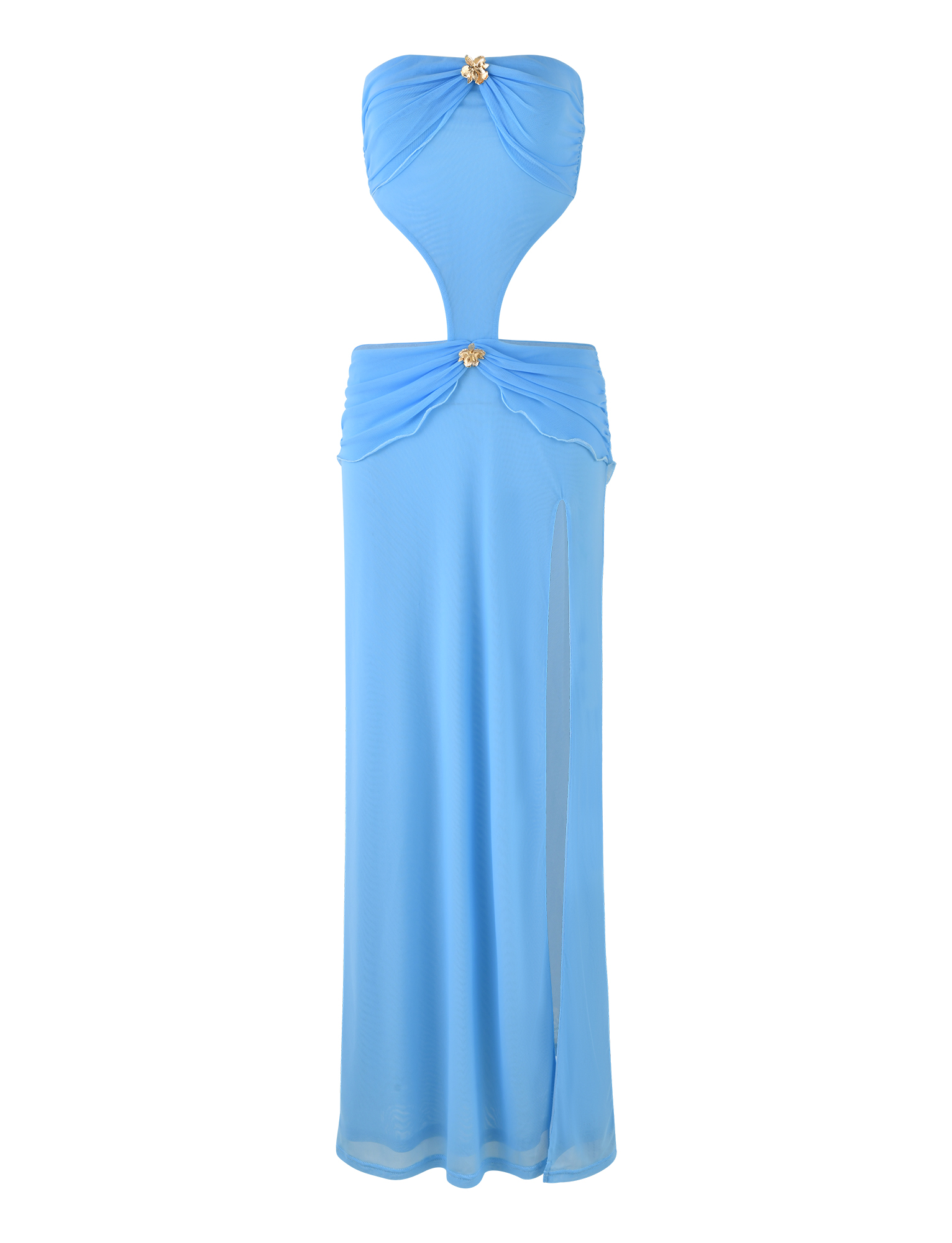 The KYNLEE DRESS by TIGERMIST is a strapless sky blue maxi with cut-outs, a sweetheart neckline, ruched bust and hips, gold embellishments, and a high left slit.