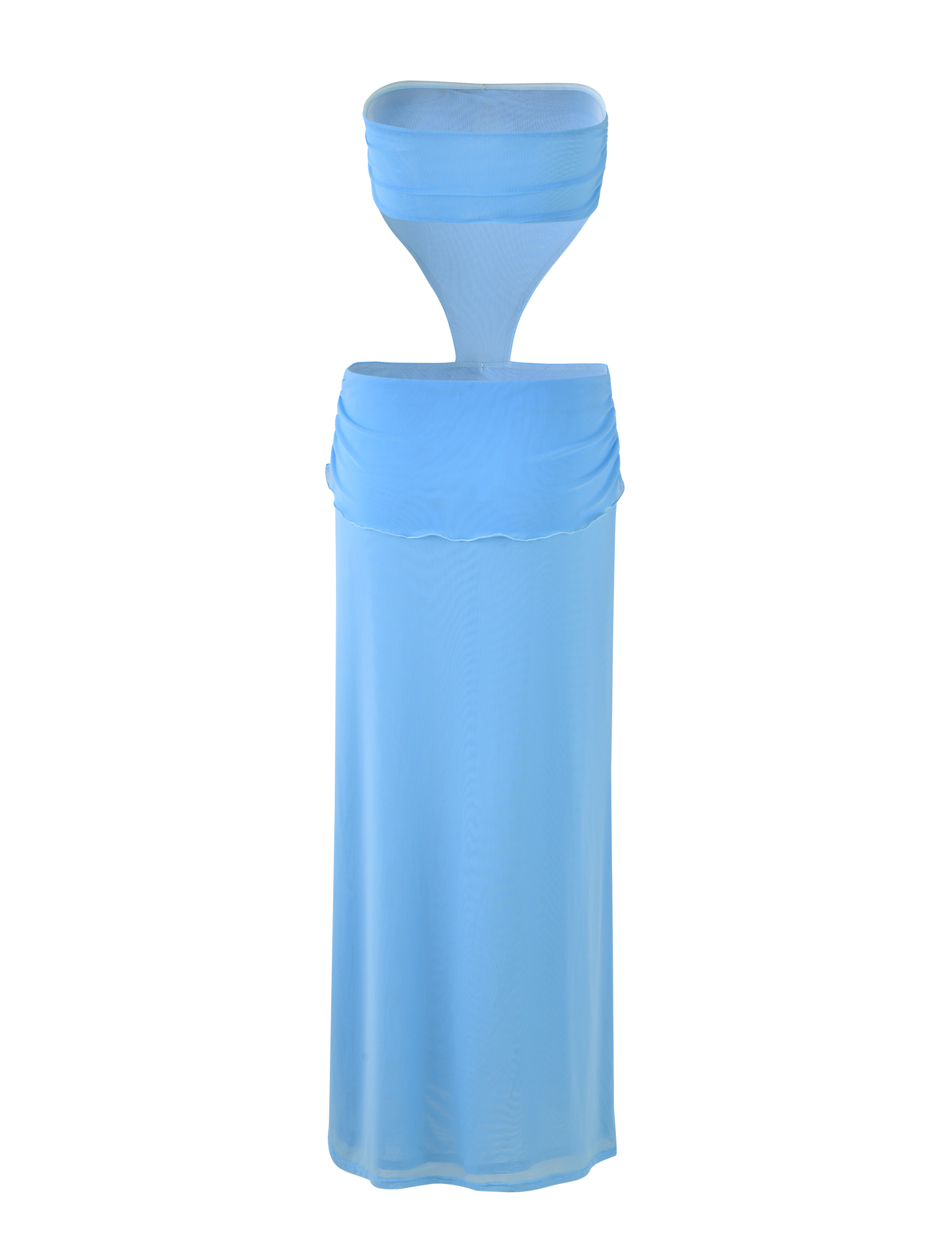 The KYNLEE DRESS in Sky Blue by TIGERMIST is a strapless, two-piece set with a bandeau top and high-waisted sheer maxi skirt.