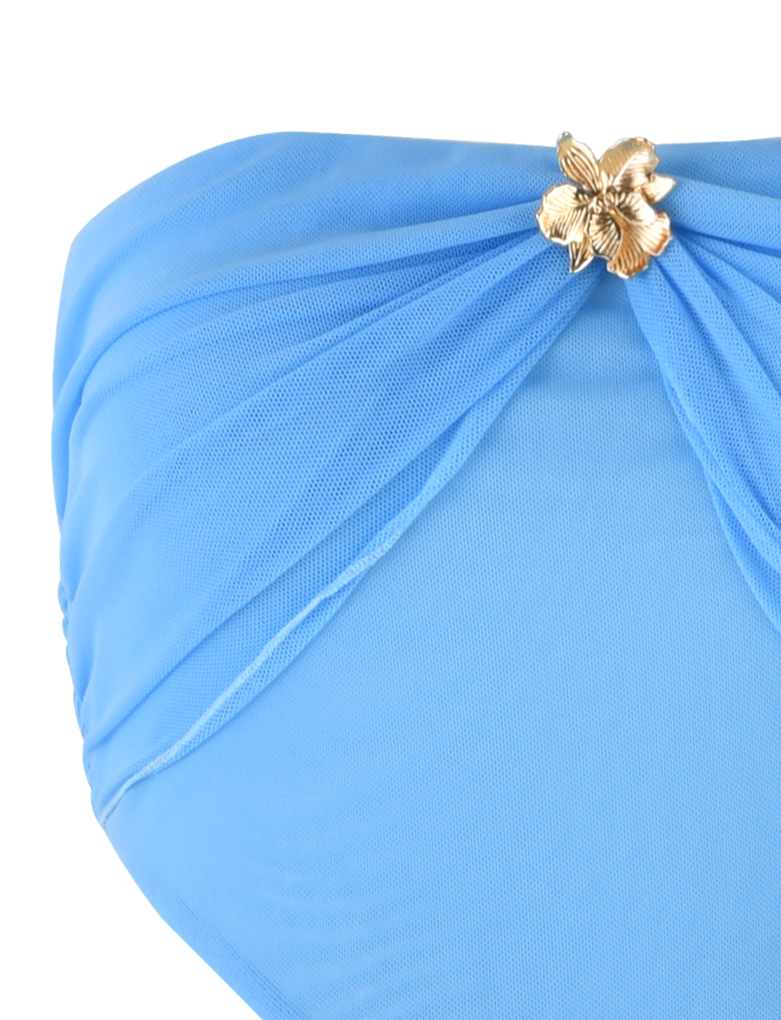 Close-up of the TIGERMIST KYNLEE DRESS in sky blue, featuring ruched mesh fabric, a gold flower-shaped ornament at the waistband, and a chic strapless neckline.