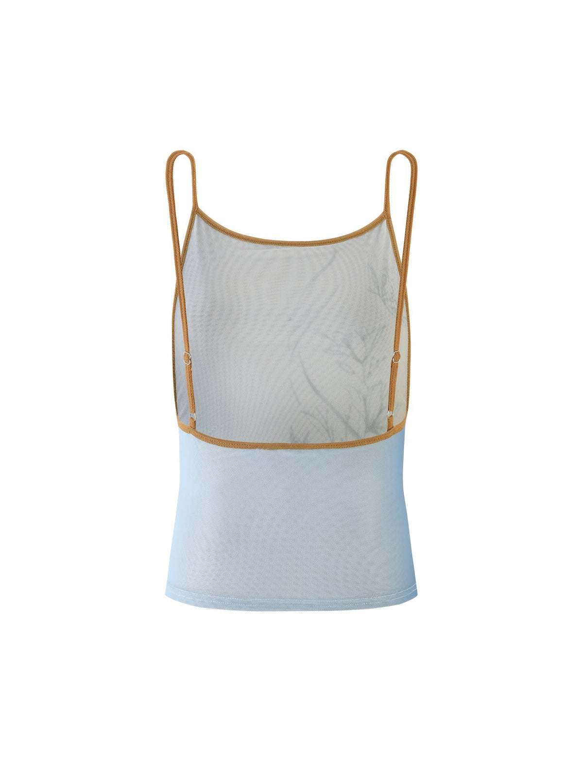 The ELVERA TOP - BLUE : GRADIENT FLORAL by TIGERMIST is a light blue, sheer mesh camisole with beige adjustable spaghetti straps and trim. The transparent fabric allows partial visibility of the background, and its fitted silhouette showcases a simple and minimalist design.