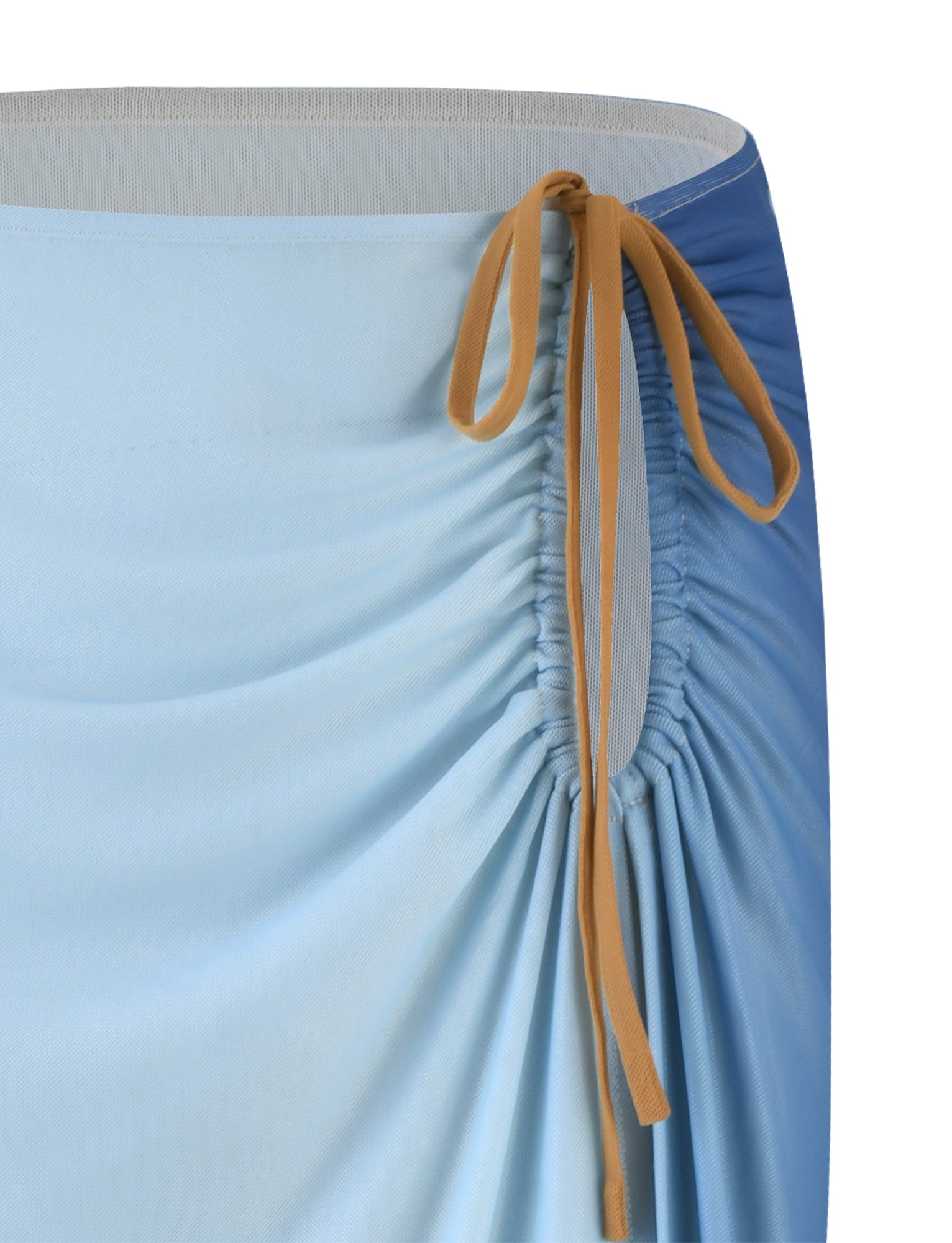 A close-up of the Tigermist Elvera Skirt in a light blue gradient floral pattern, showcasing ruched detailing on one side drawn together with a tan drawstring tied into a bow. The smooth, slightly shiny texture epitomizes the chic style of Tiger Mist.