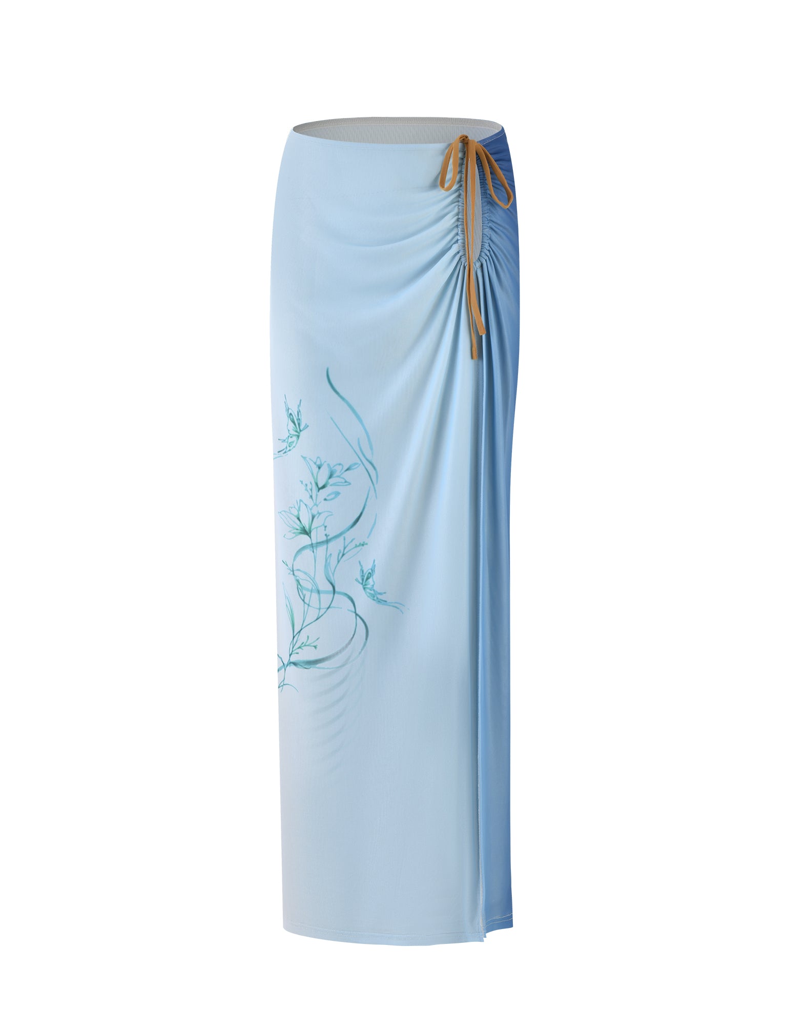 A knee-length ELVERA SKIRT in a light blue gradient floral design from TIGERMIST, featuring a side drawstring detail and delicate light green vine-like embroidery on the left side. The fabric is smooth and slightly stretchy, designed to drape elegantly.
