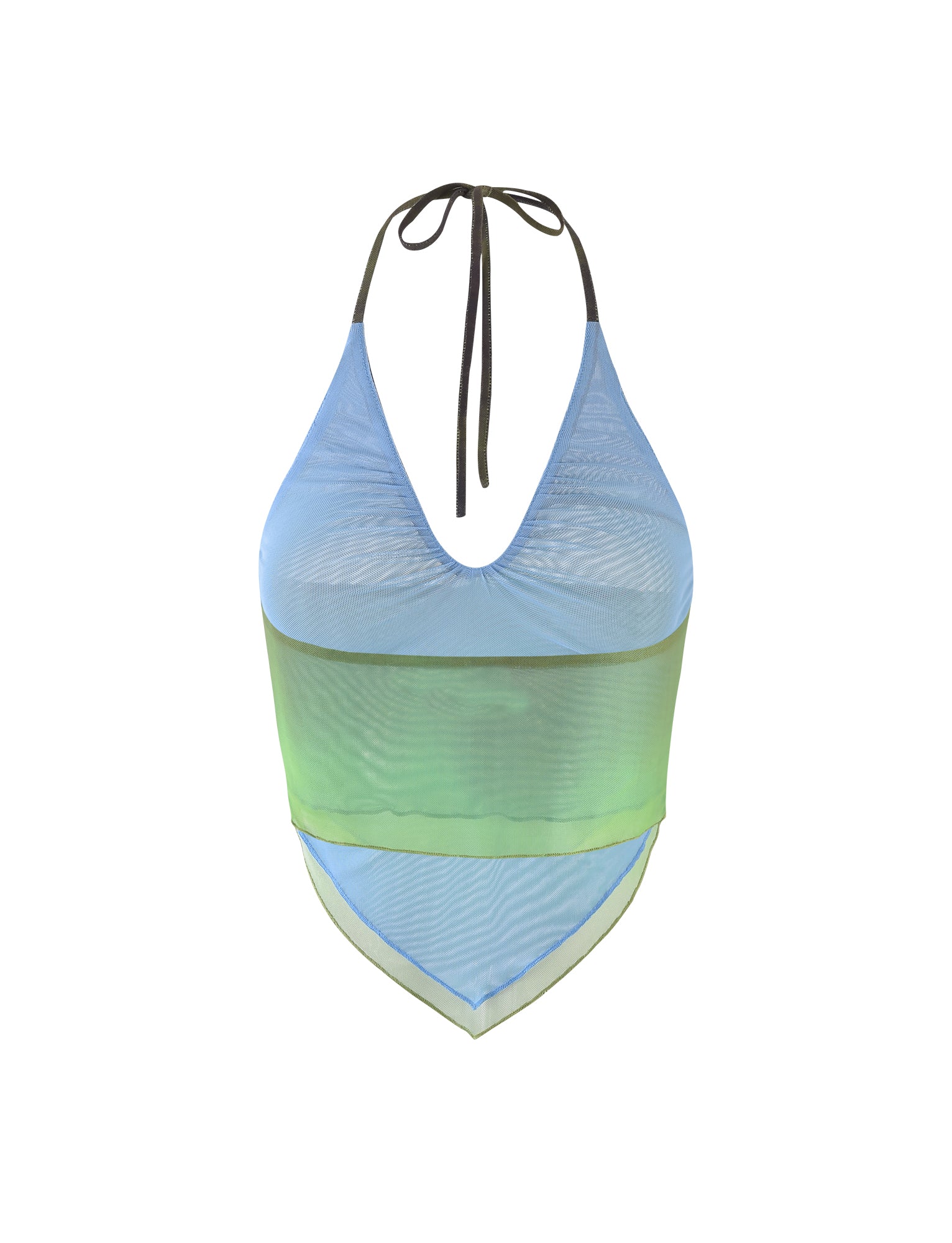 Introducing the NOELY TOP - MULTI : OMBRE : GRADIENT STRIPE by TIGERMIST—a stylish halter top featuring a gradient stripe design that transitions from blue at the top to green at the bottom. This chic top includes a deep V-neckline and is secured by thin black ties that loop around the neck.
