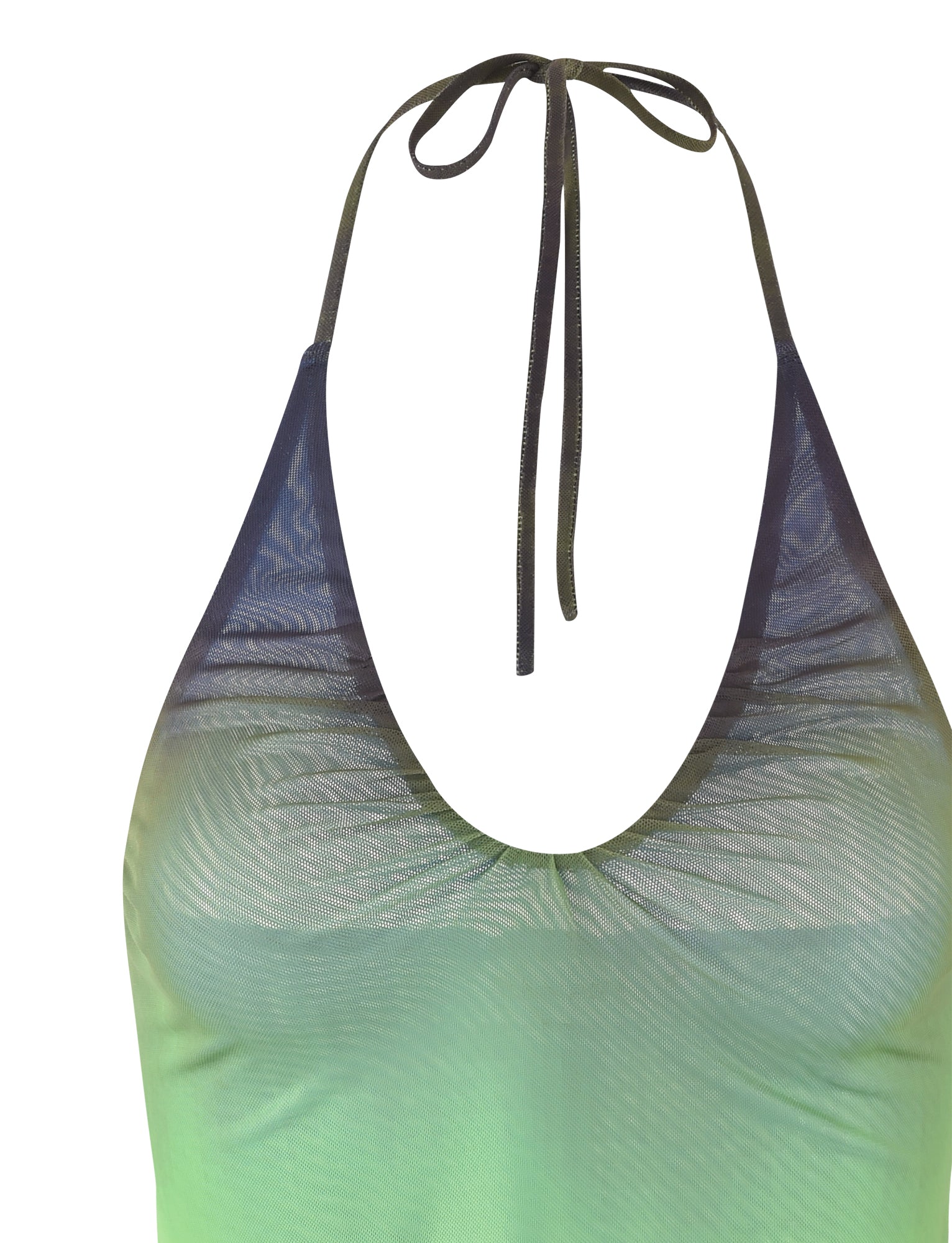 This image showcases a close-up of the NOELY TOP - MULTI : OMBRE : GRADIENT STRIPE by TIGERMIST. The top is sleeveless with a halter neck design and thin straps tied at the back. It features a beautiful gradient pattern that transitions from dark green at the top to lighter green at the bottom. The fabric appears lightweight and semi-sheer, adding to its delicate appeal.