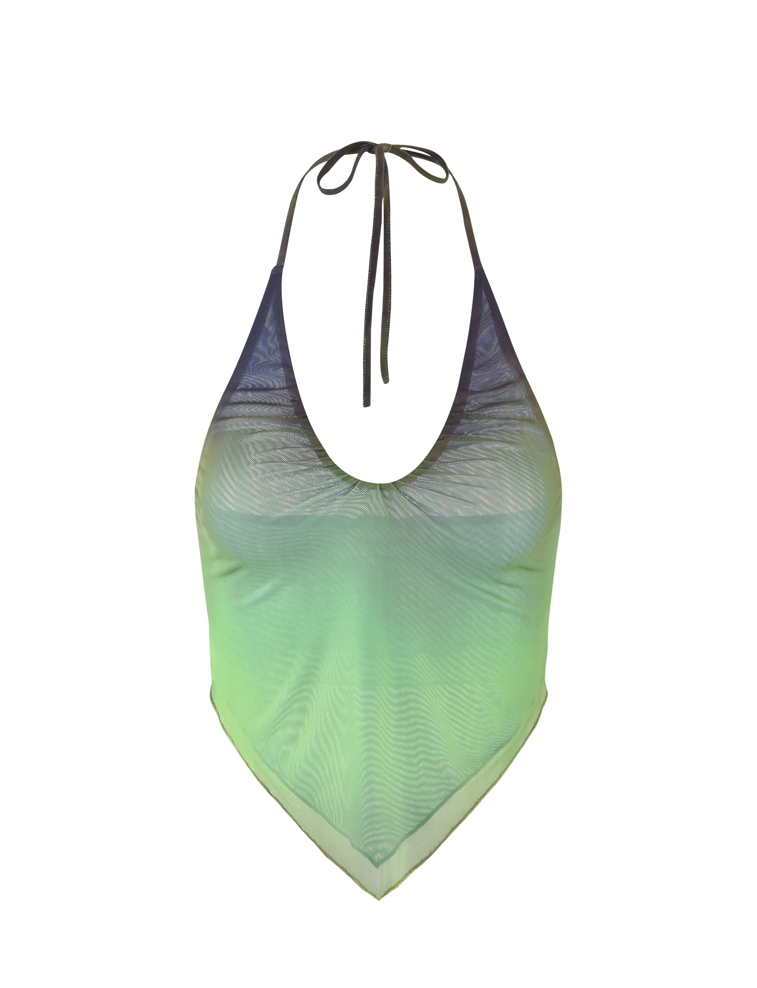 The NOELY TOP - MULTI : OMBRE : GRADIENT STRIPE from TIGERMIST is a gradient halter top featuring a tie-around neck. The colors transition from dark blue at the top to light green at the bottom, and the lightweight material is slightly sheer.