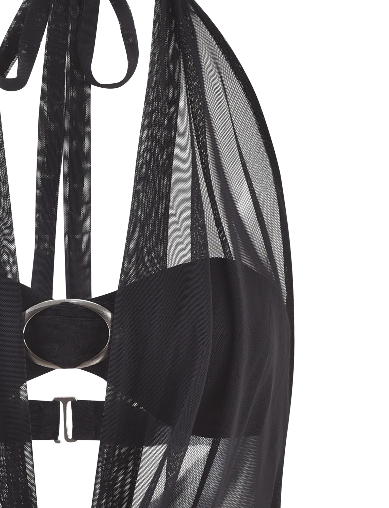 Close-up of the TIGERMIST MAKENA TWO-PIECE TOP in black, featuring a sheer mesh cowl neck, wide band with metallic oval back buckle, and halter ties that highlight its sheen knit fabric.