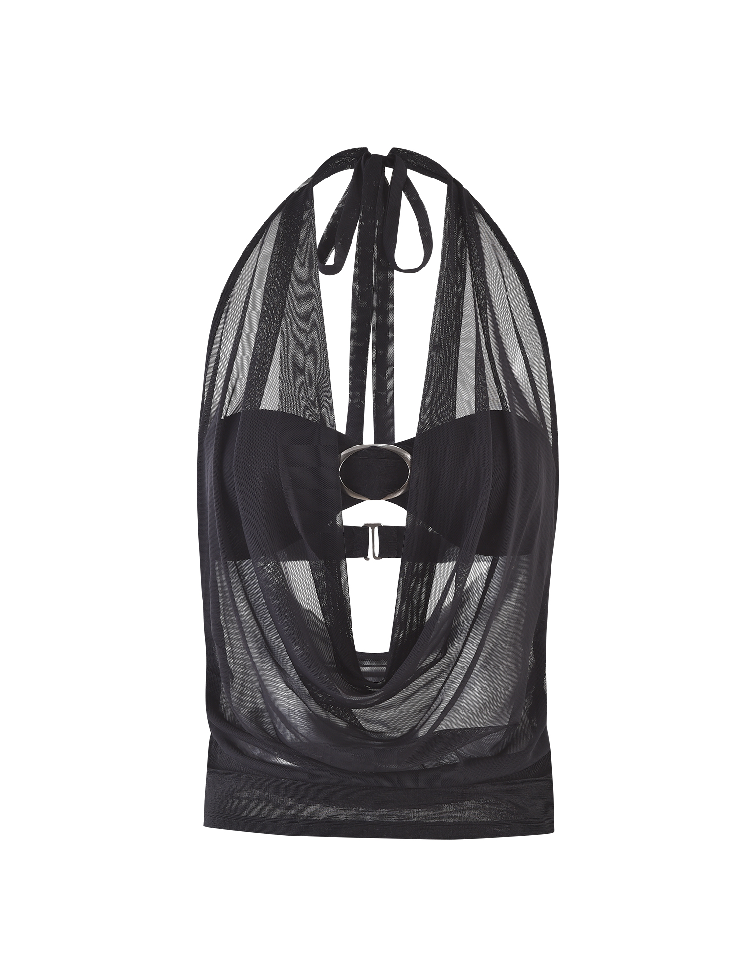 The MAKENA TWO-PIECE TOP - BLACK by TIGERMIST features a black mesh cowl neck halter with a circular metal bust accent, tie-back closure, sheer layered design, and fitted underlayer for a chic, alluring look.