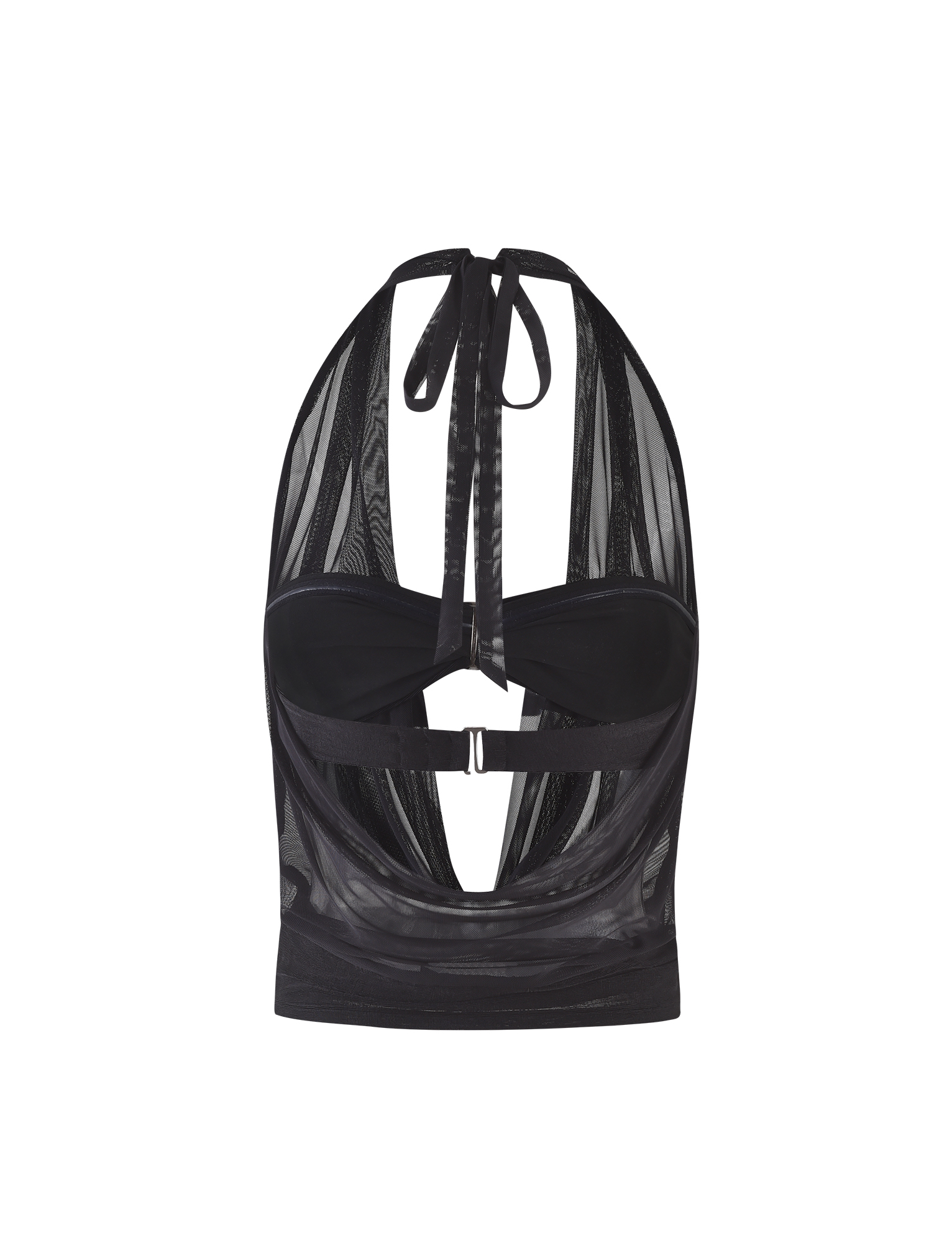 The TIGERMIST MAKENA TWO-PIECE TOP - BLACK features a black mesh halter bralette with sheer panels, cutout accents, a tie-back closure, and a fitted torso band that showcases its sheen knit fabric against a white background.