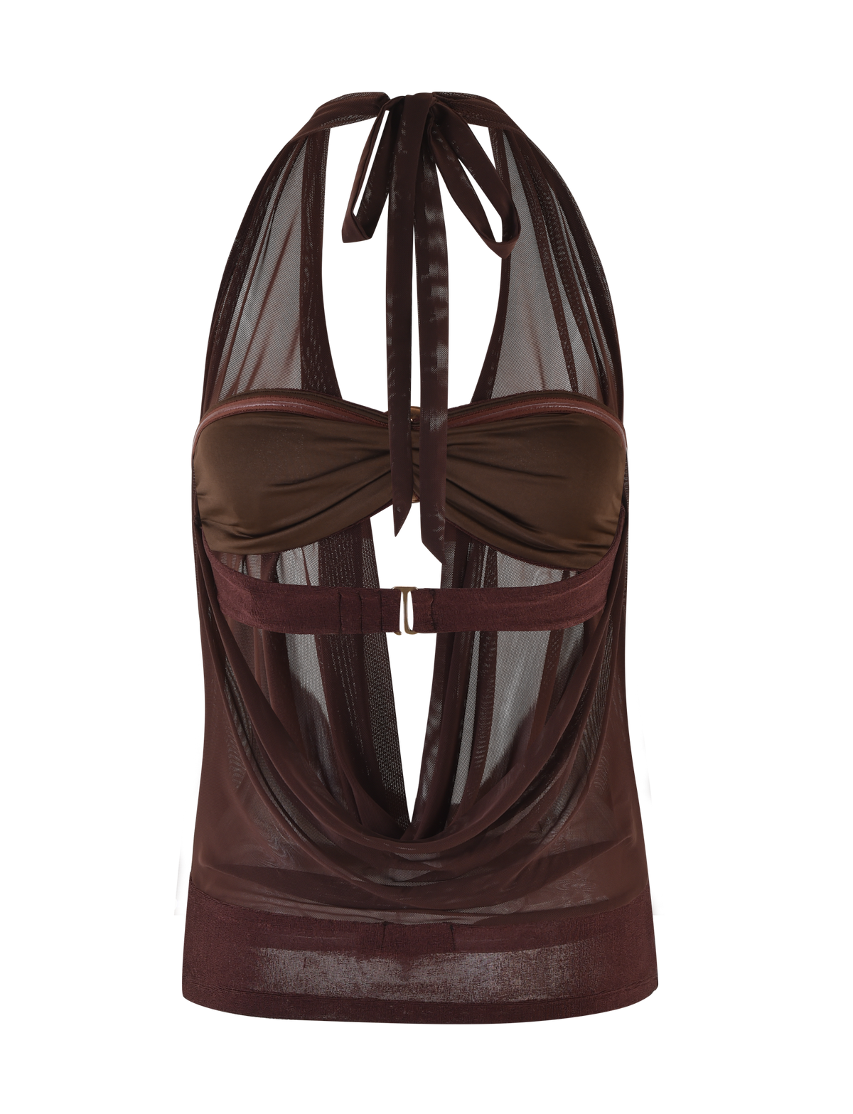 The MAKENA TWO-PIECE TOP - BROWN : CHOCOLATE by TIGERMIST is a sleeveless, sheer mesh top with a draped front, bandeau-style bust, tie neck, and layered cut-out design.