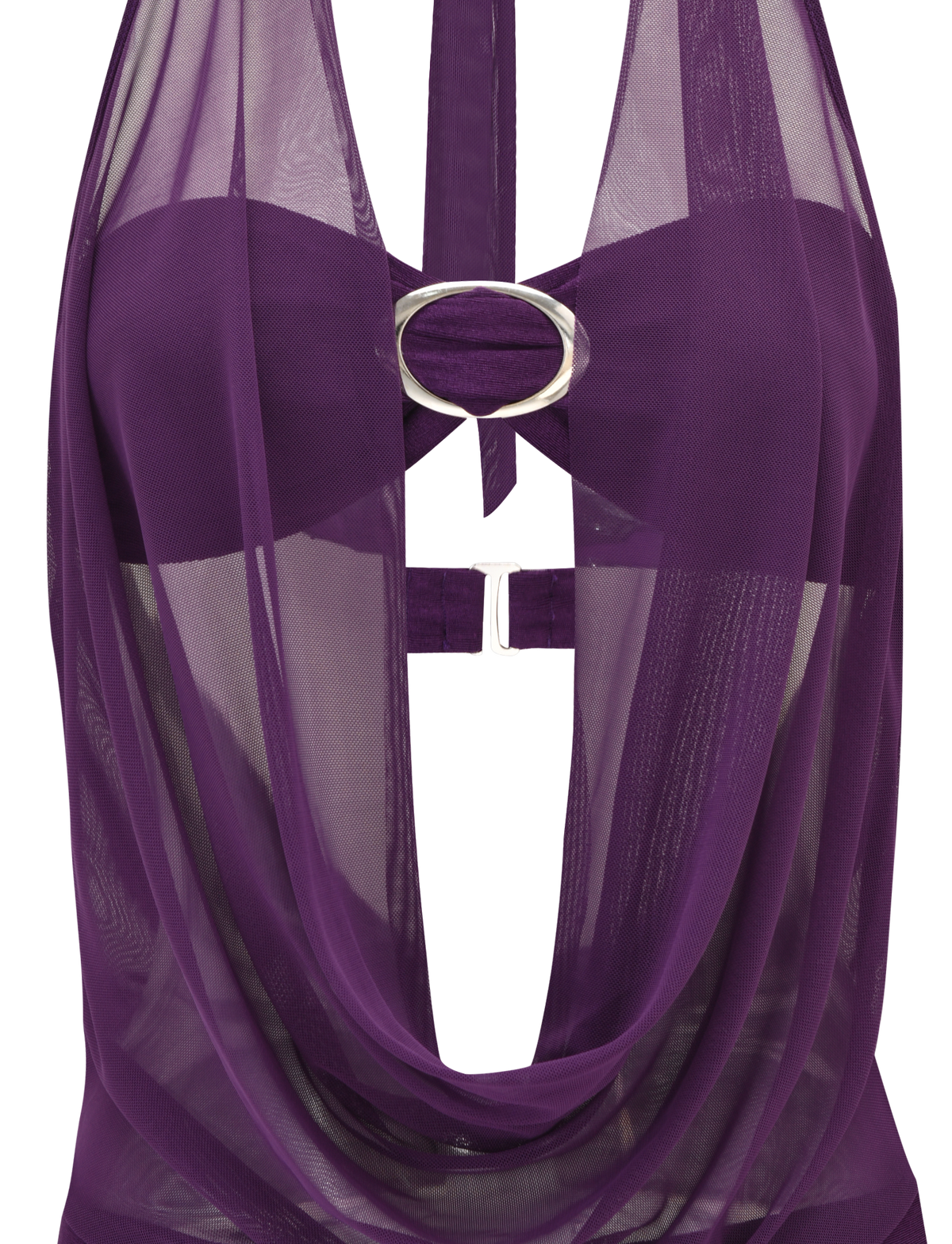 The MAKENA TWO-PIECE TOP - PURPLE by TIGERMIST features a sheer mesh cowl neck halter with an oval metallic ring at the chest, layered over a matching purple bandeau.