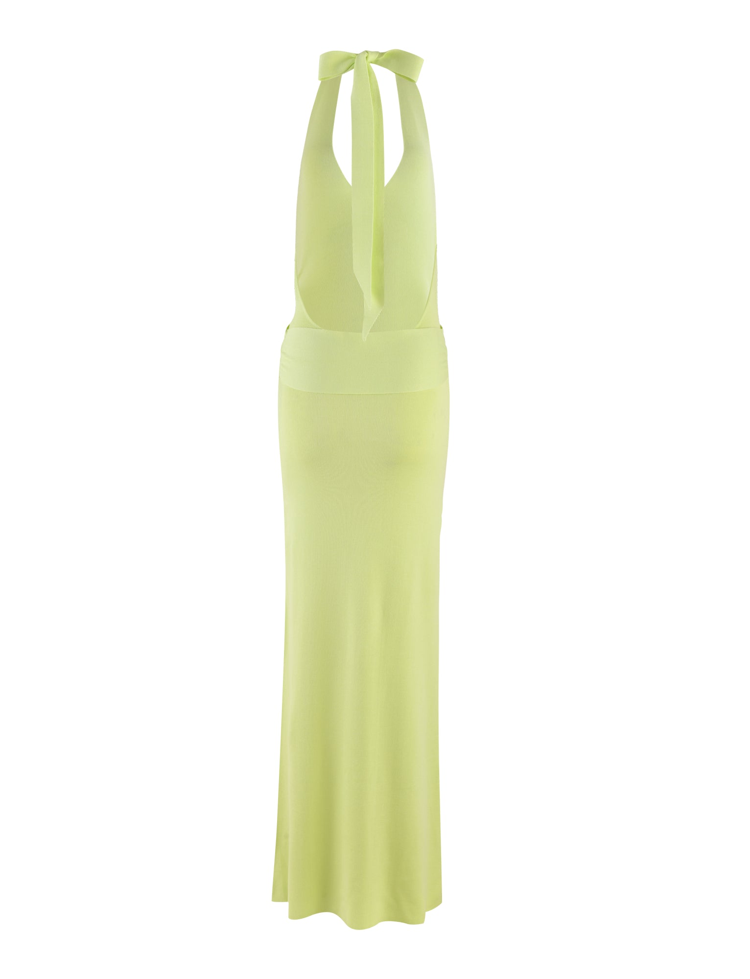 Introducing the MAREE DRESS - GREEN by TIGERMIST: This elegant maxi-length dress boasts a long, sleeveless design in a striking green knit. It features a halter neck with wide straps that tie at the back, and a deep V-back. The halter-style dress flows gracefully with its straight, slightly flared silhouette, perfect for making a statement.