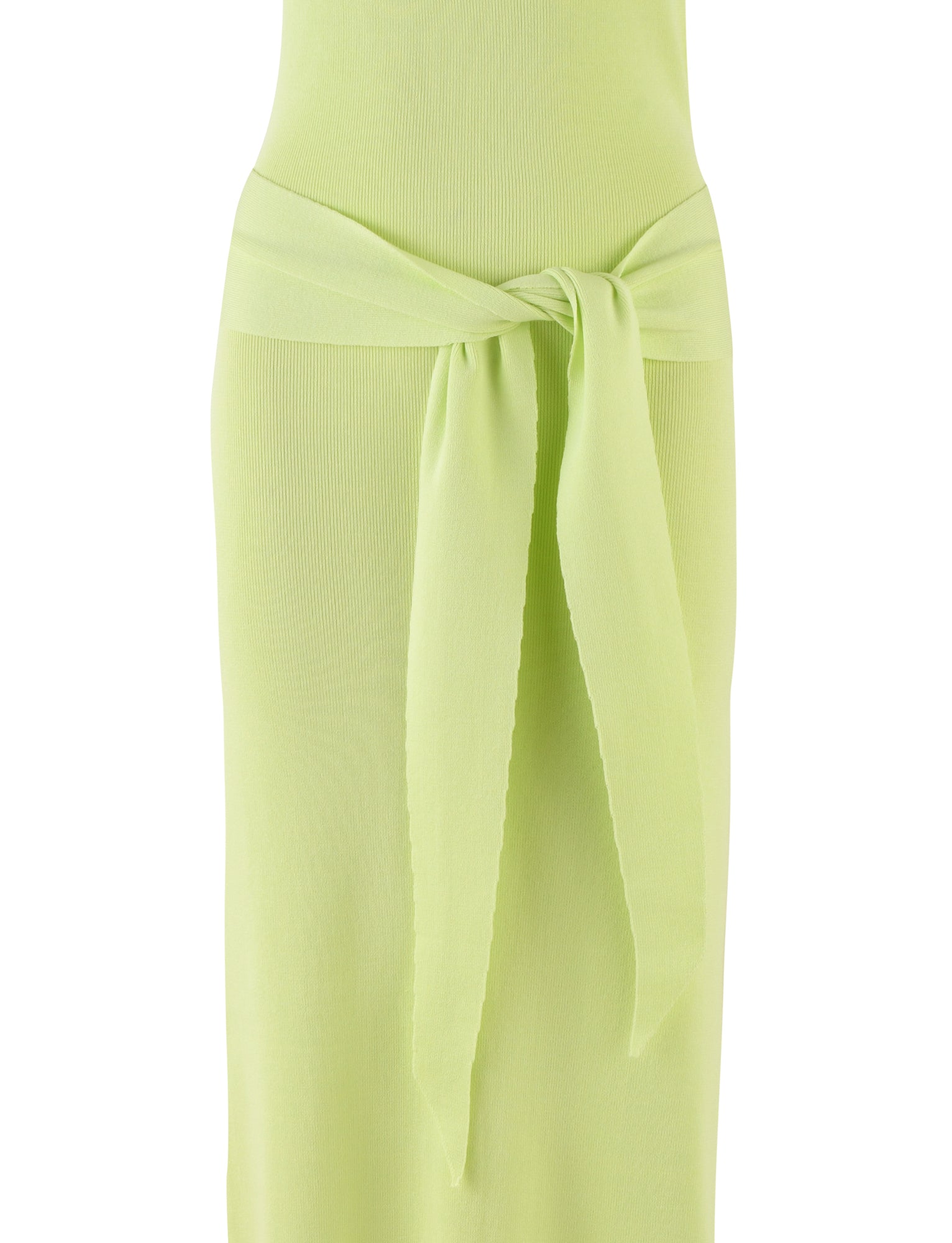 Close-up of a person wearing the MAREE DRESS - GREEN by TIGERMIST, a stunning lime green, halter-style dress that showcases a wide belt elegantly tied in a knot at the waist. The slightly ribbed material provides a textured look, adding dimension. The background is plain and unobtrusive.