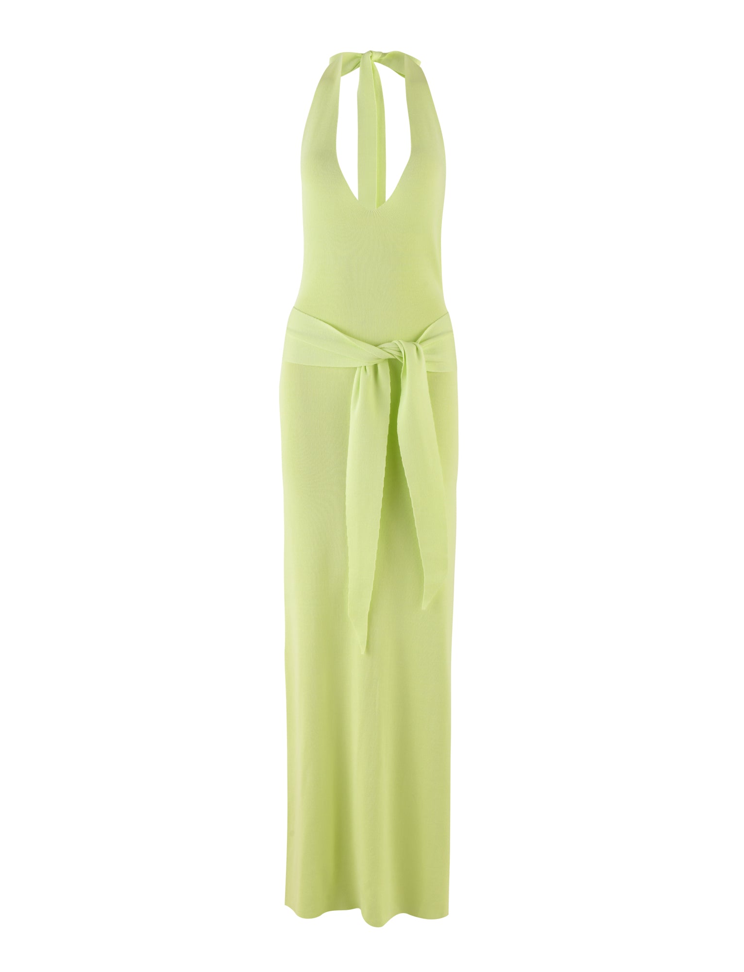 The MAREE DRESS - GREEN by TIGERMIST is a light green knit halter-neck dress featuring a plunging neckline and a large matching sash tied in a bow at the waist. This maxi-length dress boasts a sleek, fitted design that exudes elegance and modernity.