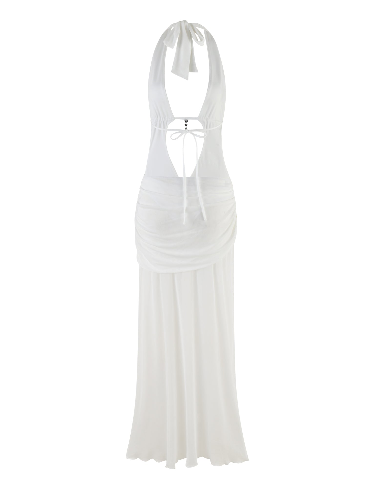 The ESHA MAXI DRESS - WHITE by TIGERMIST is a breathtaking halter-neck outfit featuring a plunging neckline and open back. It showcases a ruched bodice with tie detailing at the back and is complemented by a flowing, floor-length skirt for an elegant touch.