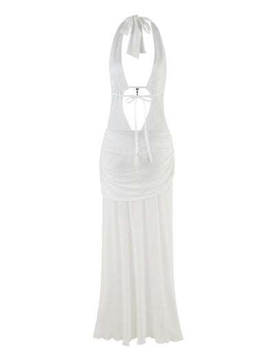 The ESHA MAXI DRESS - WHITE by TIGERMIST is a breathtaking halter-neck outfit featuring a plunging neckline and open back. It showcases a ruched bodice with tie detailing at the back and is complemented by a flowing, floor-length skirt for an elegant touch.