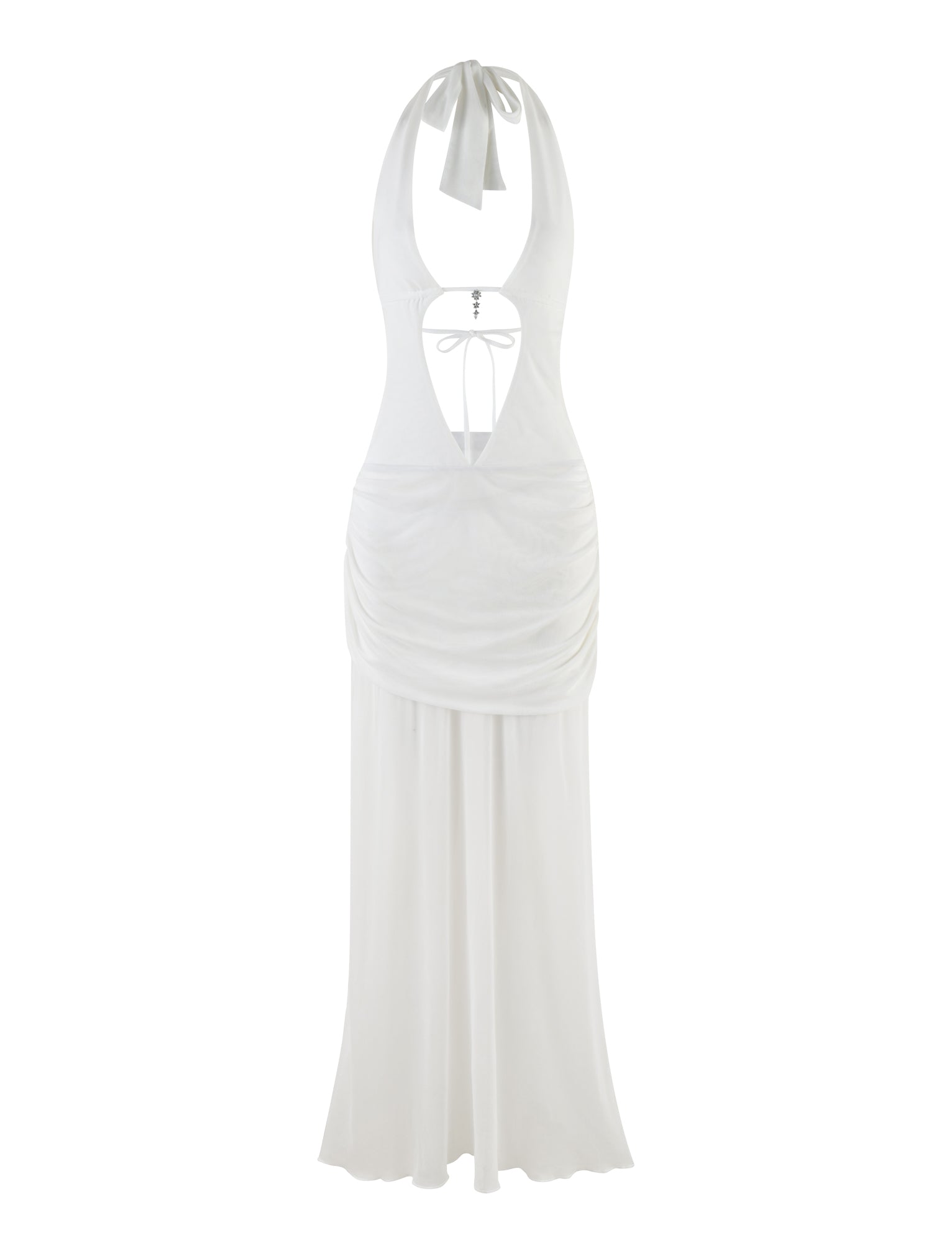 The ESHA MAXI DRESS - WHITE by TIGERMIST is a sophisticated halter-neck piece featuring a plunging neckline, open back, and ruched detailing at the waist. Designed with a flowing skirt, it ties at the neck and back to create an elegant maxi-length silhouette.