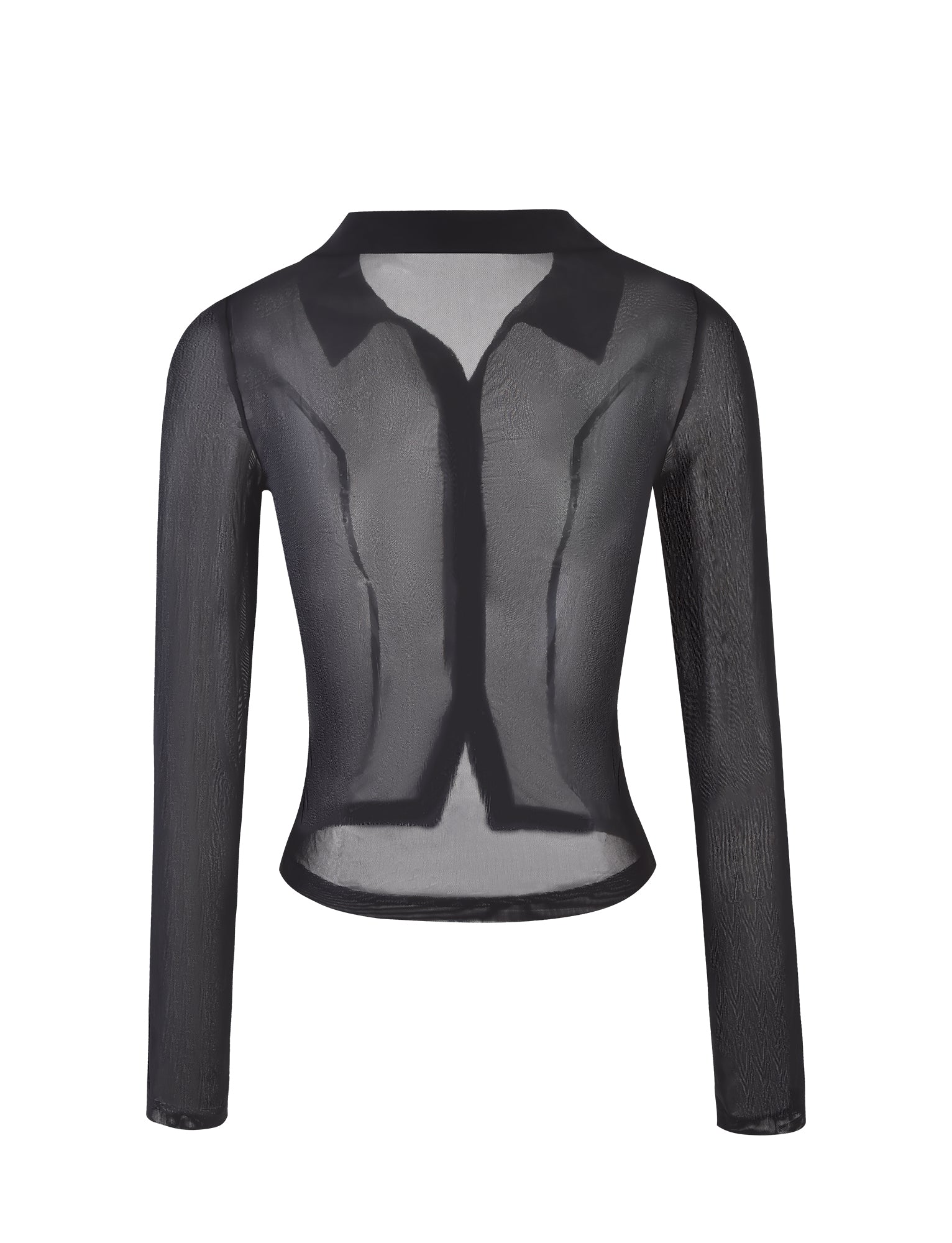 The AHLING LONG SLEEVE TOP - BLACK by TIGERMIST is a sheer, bodycon-fit mesh top with long sleeves. Featuring a collar, this minimalist black shirt adds a touch of classic style while showcasing the fine texture of its slightly translucent fabric.