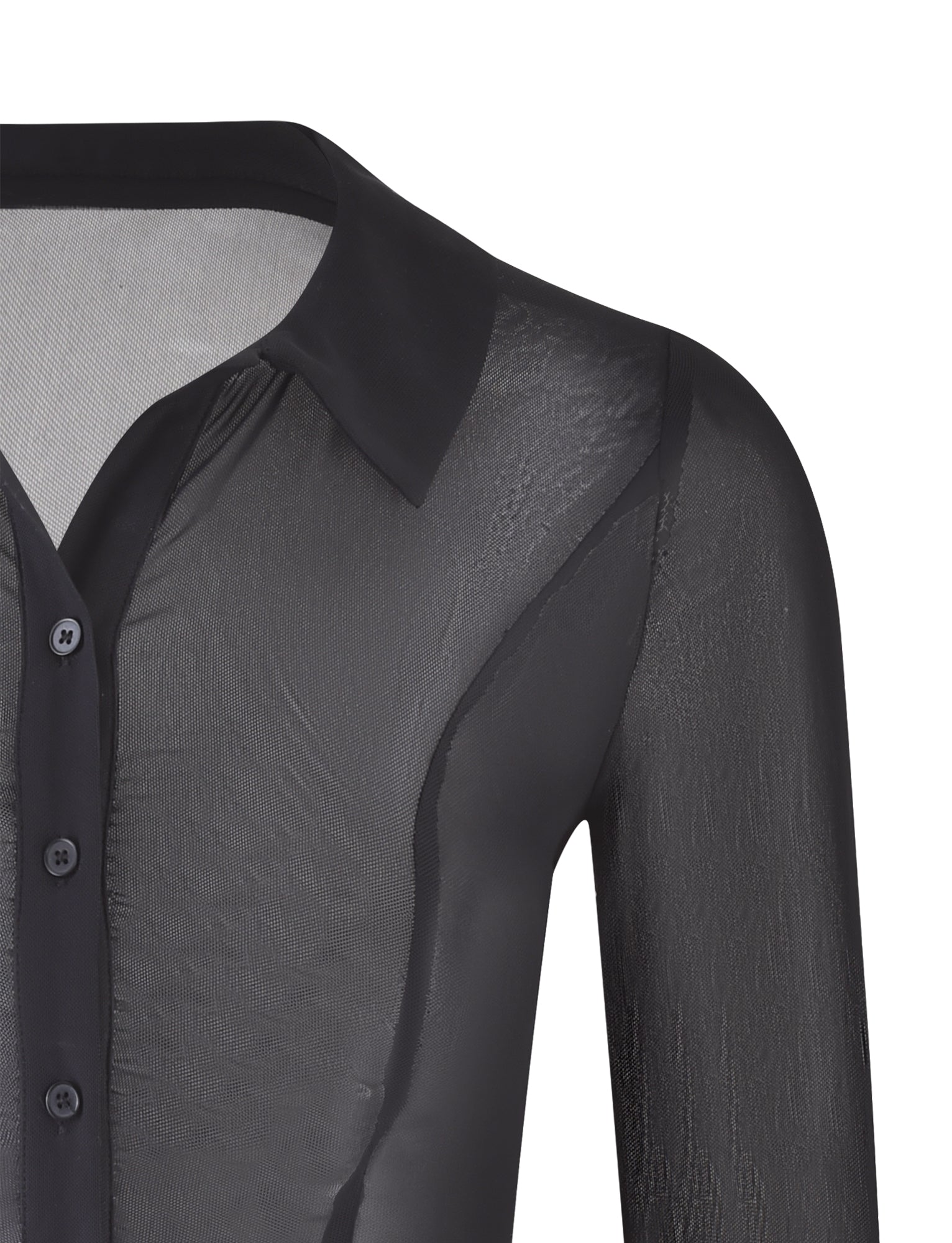 A close-up of the AHLING LONG SLEEVE TOP - BLACK by TIGERMIST showcases its bodycon fit. The top features a collar and four buttons down the front. The mesh fabrication is transparent, revealing the outline of an inner garment underneath.