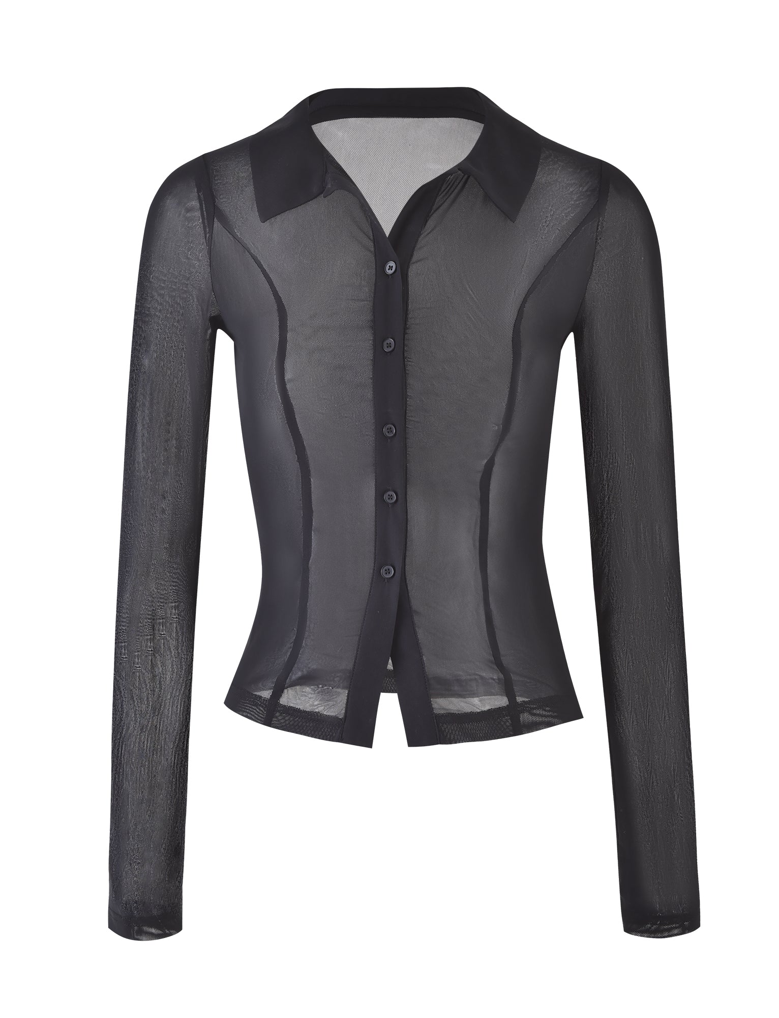 The AHLING LONG SLEEVE TOP - BLACK by TIGERMIST is a sheer, black blouse featuring a collared neckline and button-down front. Made from mesh fabrication, it is semi-transparent with a fitted, slightly tailored design that is lightweight and slightly textured.