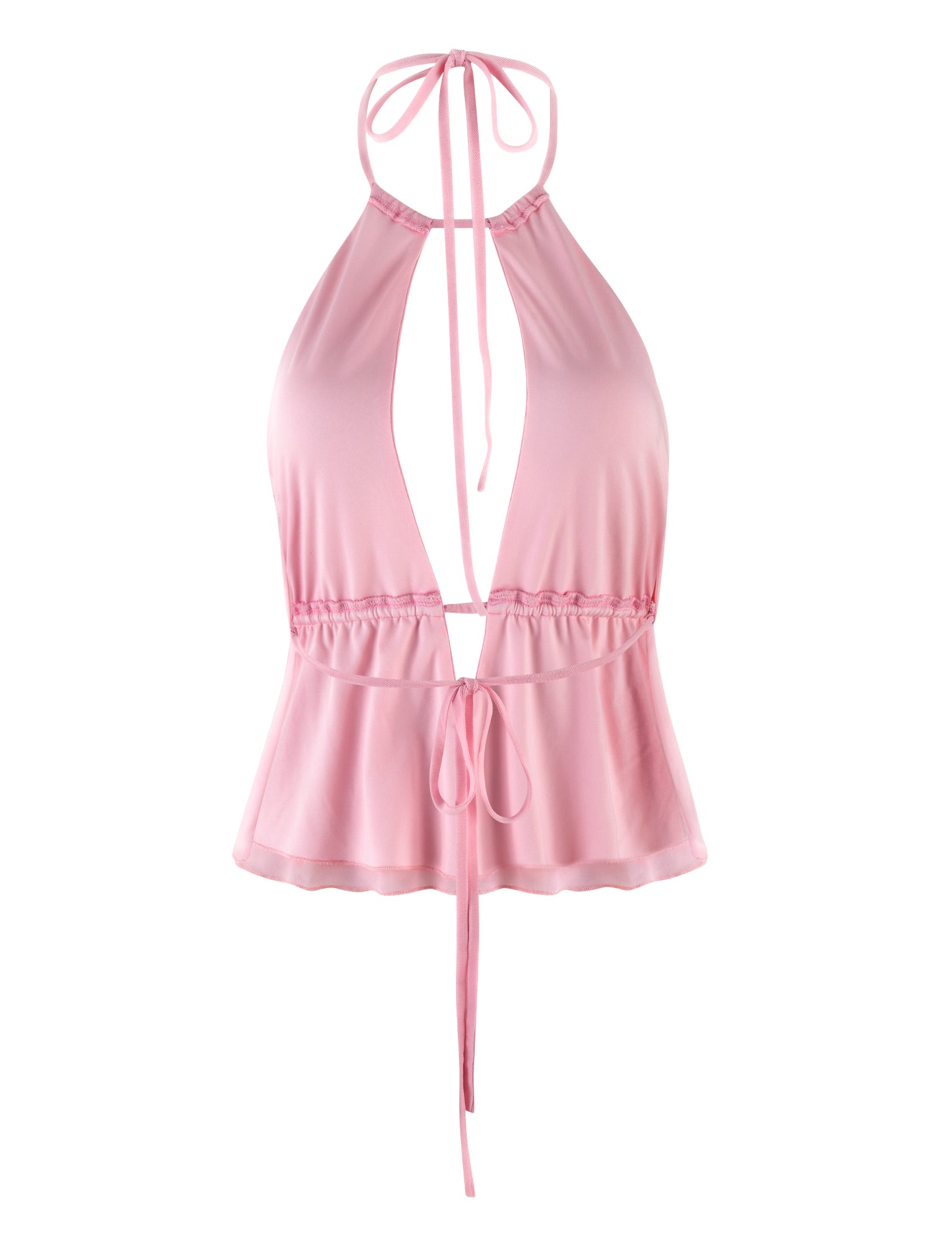 The BIRDEE TOP - PINK from TIGERMIST is a baby pink halter top that features a tie at the neck, a plunging neckline, and an open midriff with a drawstring tie at the waist. Made from high-stretch, lightweight fabric, it also boasts a flared hem.
