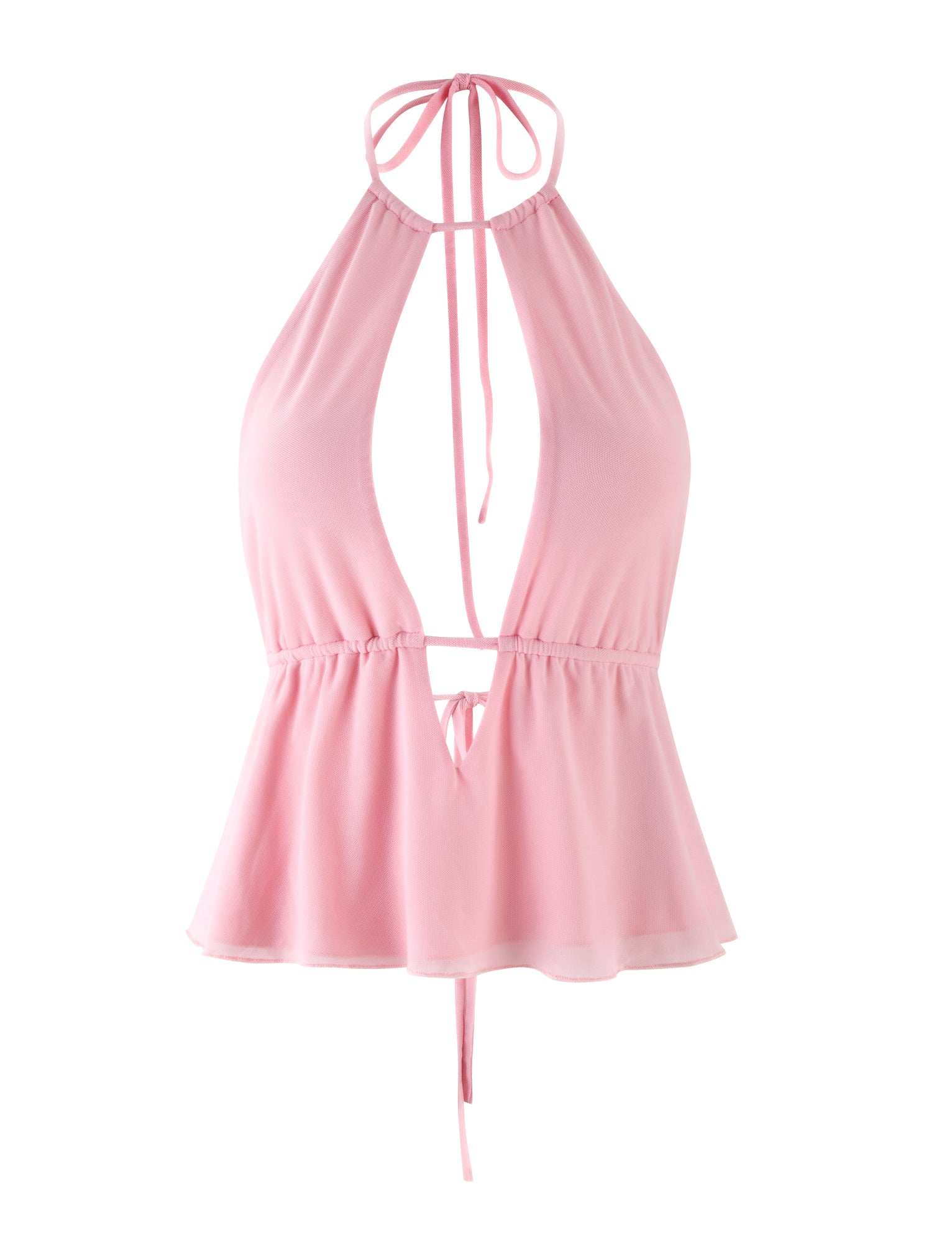 The BIRDEE TOP - PINK : BABY PINK by TIGERMIST showcases a light halter design with a deep V-neckline and a tie closure at the back of the neck. Crafted from high-stretch fabric, it features a peplum hem and an open back with a small tie detail at the lower back, creating a stylish and airy look.
