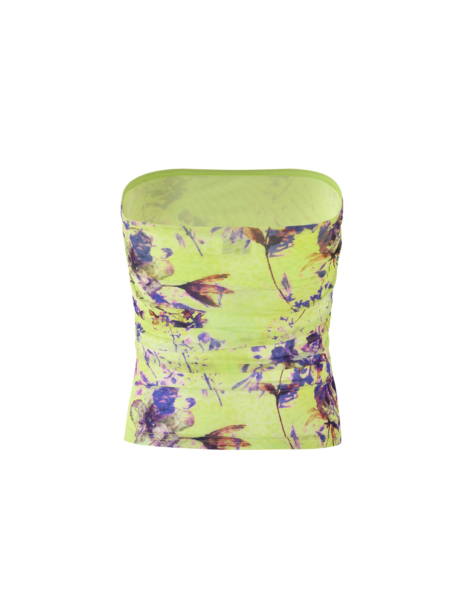 The KELLAN TOP - GREEN by TIGERMIST, featuring a fitted, ruched design and adorned with a vibrant purple floral pattern from BY POPPY FLORAL. The lightweight fabric gives it a summery and stylish look.