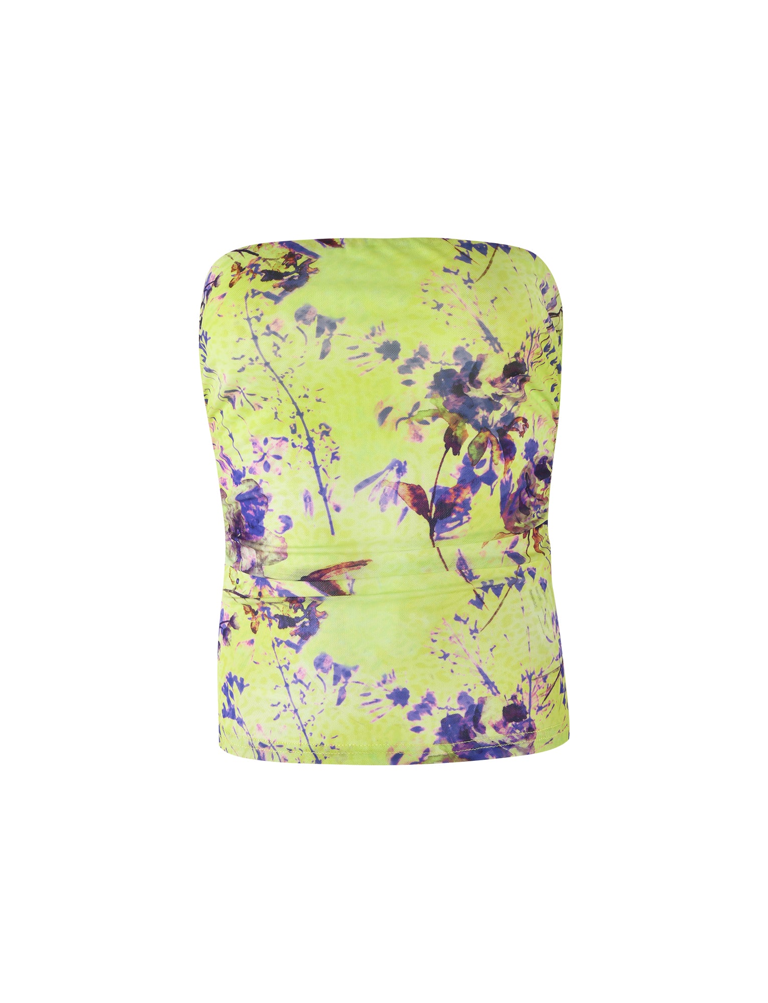 The KELLAN TOP - GREEN : BY POPPY FLORAL from TIGERMIST is a strapless, fitted tube top with a lime green background adorned with a charming purple and blue floral pattern. The material has a smooth and slightly shiny finish, creating a vibrant and summery look.