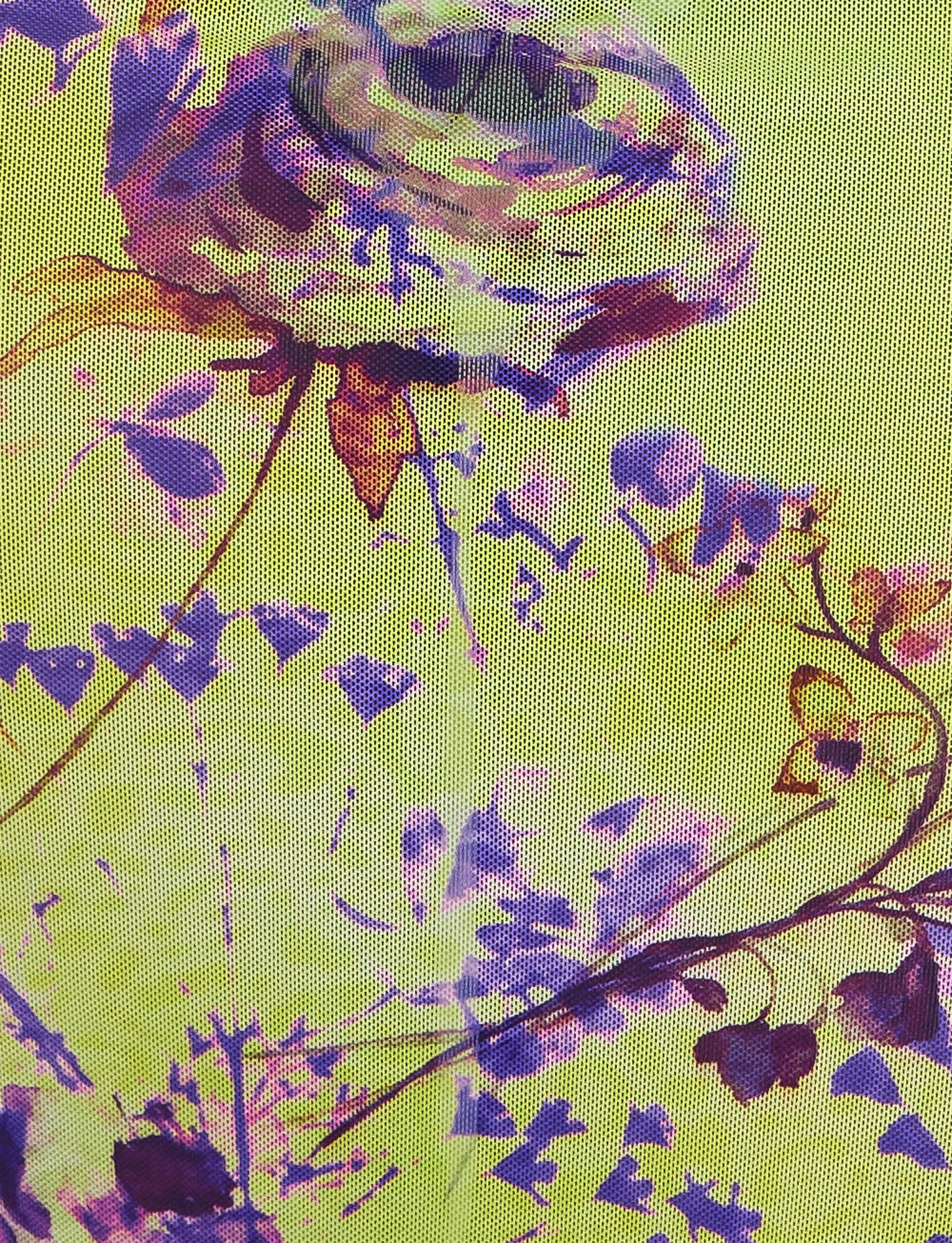 Abstract art piece featuring a mix of purple and pink flowers on a yellow background, much like the dynamic floral patterns seen in the TIGERMIST Kellan Top - Green by Poppy Floral. The flowers appear to be layered with various shades and textures, creating a vibrant, almost pixelated effect that captures the eye and invokes the unique fashion style of TIGERMIST.