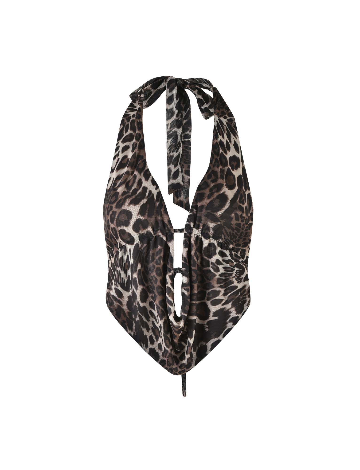 The PEARL TOP - MULTI : LEOPARD by TIGERMIST is a sleeveless, high-stretch crop top with a plunging halter neckline, tie neck, front cutout detail, and bold brown and black leopard print.