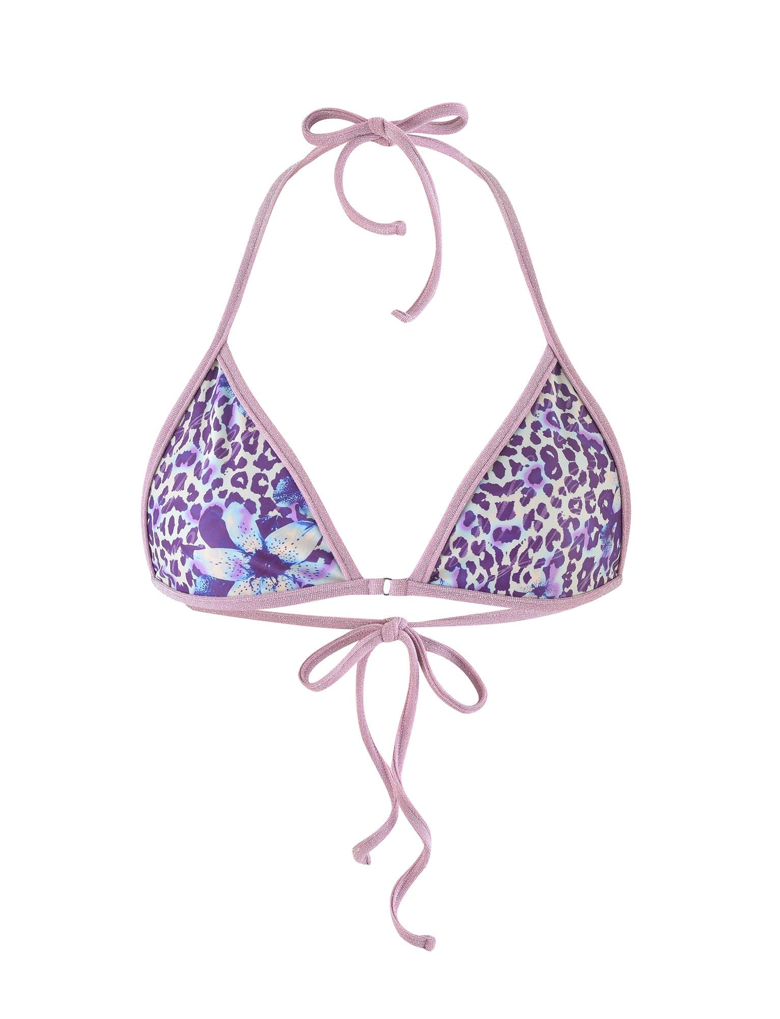 The DIANA BIKINI TOP - BLUE : BY POPPY LEOPARD from TIGERMIST is a purple triangle bikini top featuring a leopard print pattern with blue and green flowers. It has pink trim and ties at the neck and back.