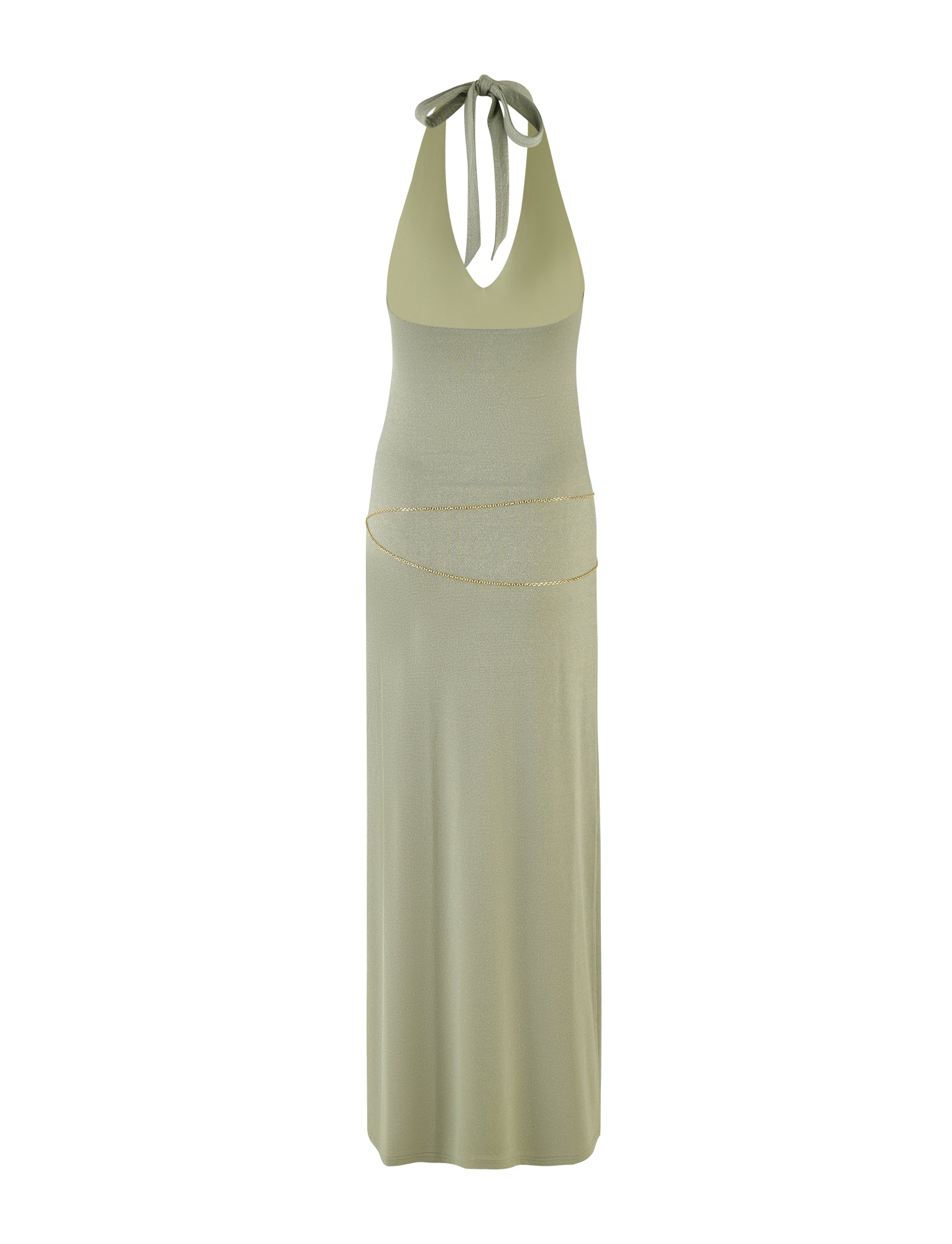 The OPELI MAXI DRESS - GREEN SPARKLE by TIGERMIST showcases a light green, sleeveless, halter-neck design with a deep neckline and a fitted bodice. The maxi-length dress features a long, straight skirt and an elegantly cinched waist adorned with a thin gold chain belt that drapes slightly. The fabric appears lightweight and flowy.