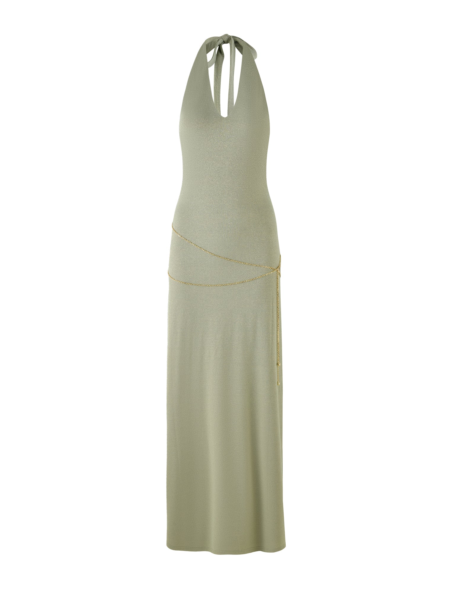 The OPELI MAXI DRESS - GREEN SPARKLE by TIGERMIST is a sleeveless, light green halter neck design with a fitted bodice and an ankle-length skirt. It features a subtle keyhole at the front neckline and is elegantly complemented by a thin gold chain belt draped around the waist.