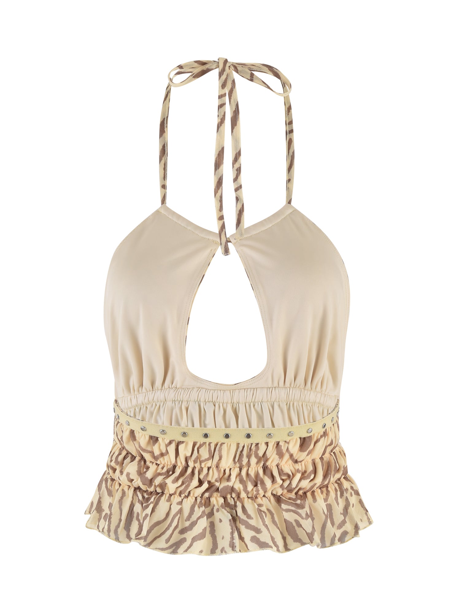 Image of the RUMER TOP - YELLOW : ZEBRA by TIGERMIST, a beige halter top featuring a keyhole cutout at the front, zebra print trim, and adjustable tie straps at the neck. The bottom hem has a ruffled zebra pattern, adding a decorative touch to this yellow zebra print top.