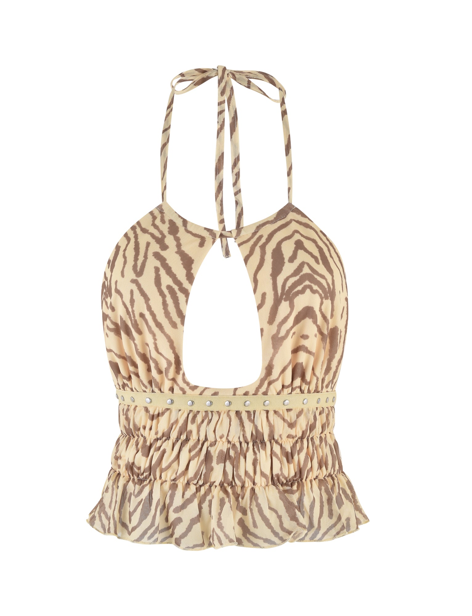The RUMER TOP - YELLOW : ZEBRA by TIGERMIST is a beige halter top featuring a yellow zebra print design. It includes a tie at the neck, adjustable bust panels, a cinched waistline adorned with silver studs, and a ruffled hem. The fabric is lightweight and slightly sheer.