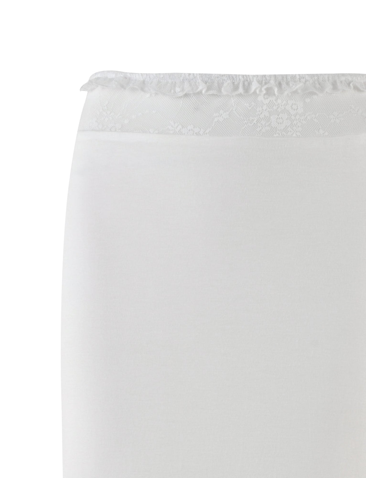 The BENTON SKIRT - WHITE by TIGERMIST features a white fabric with a delicate floral lace trim along the top edge, hinting at a refined lace waistband. The material has a smooth and slightly fitted appearance, suggesting elegance and sophistication. Set against a plain white background, this garment exemplifies simplicity and style in its design.