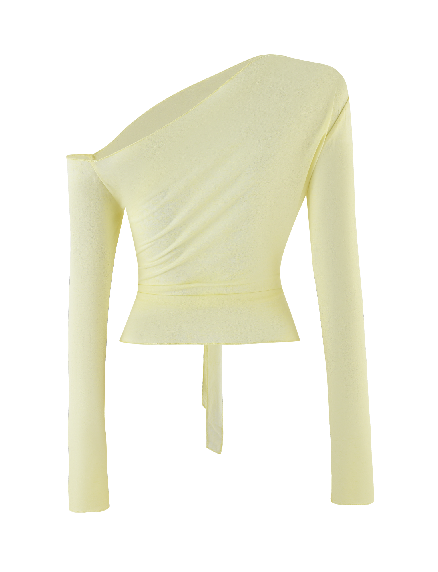 The TIGERMIST BRYNA JUMPER in pale lemon features long sleeves, an asymmetrical off-the-shoulder design, a front waist tie for adjustable styling, and soft knit fabric for a fitted, modern look.