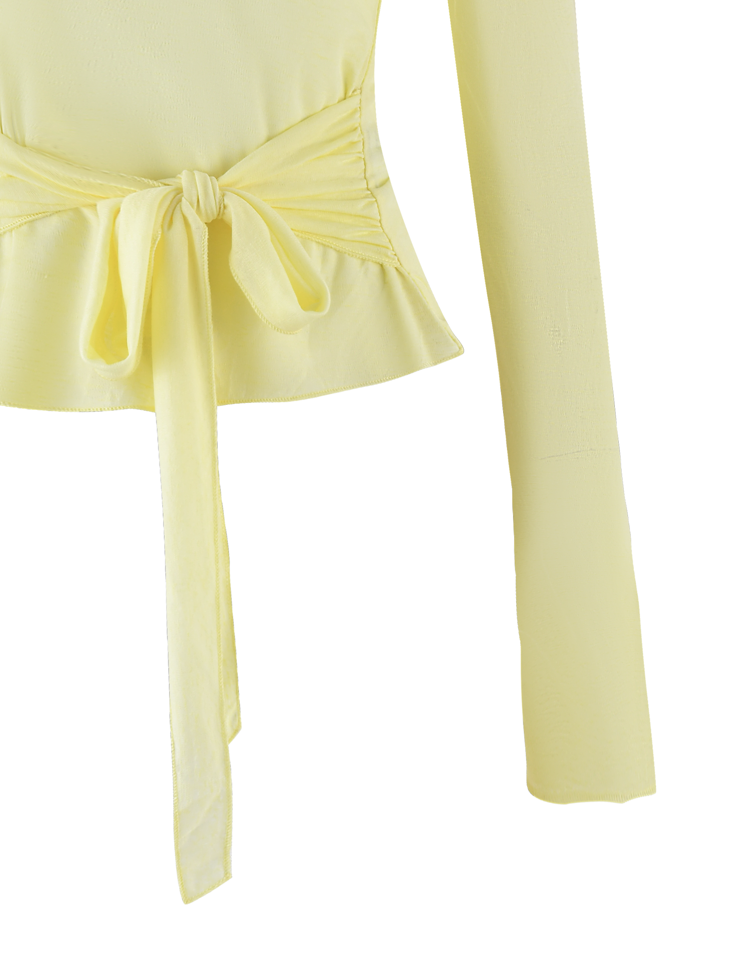 The TIGERMIST BRYNA JUMPER in Pale Lemon features long sleeves, a waist tie-front, peplum hem, and is crafted from soft knit fabric, shown front-facing against a white background.