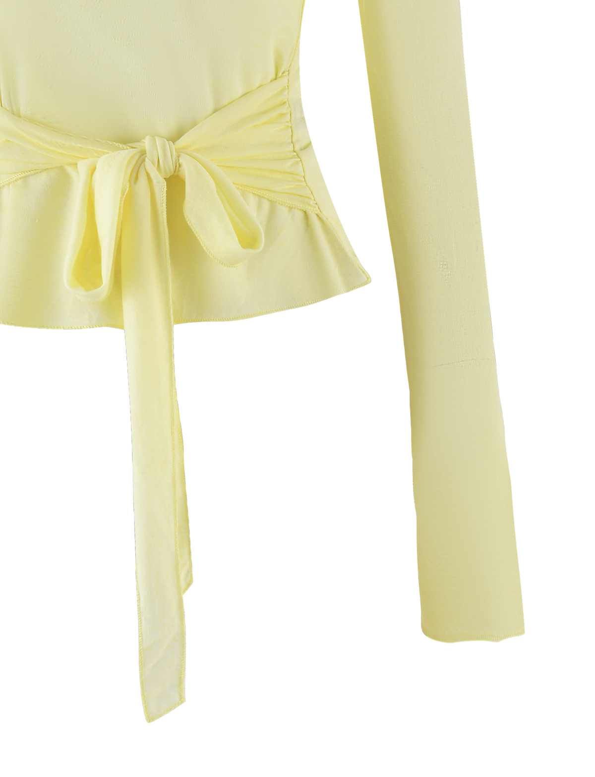 The TIGERMIST BRYNA JUMPER in Pale Lemon features long sleeves, a waist tie-front, peplum hem, and is crafted from soft knit fabric, shown front-facing against a white background.