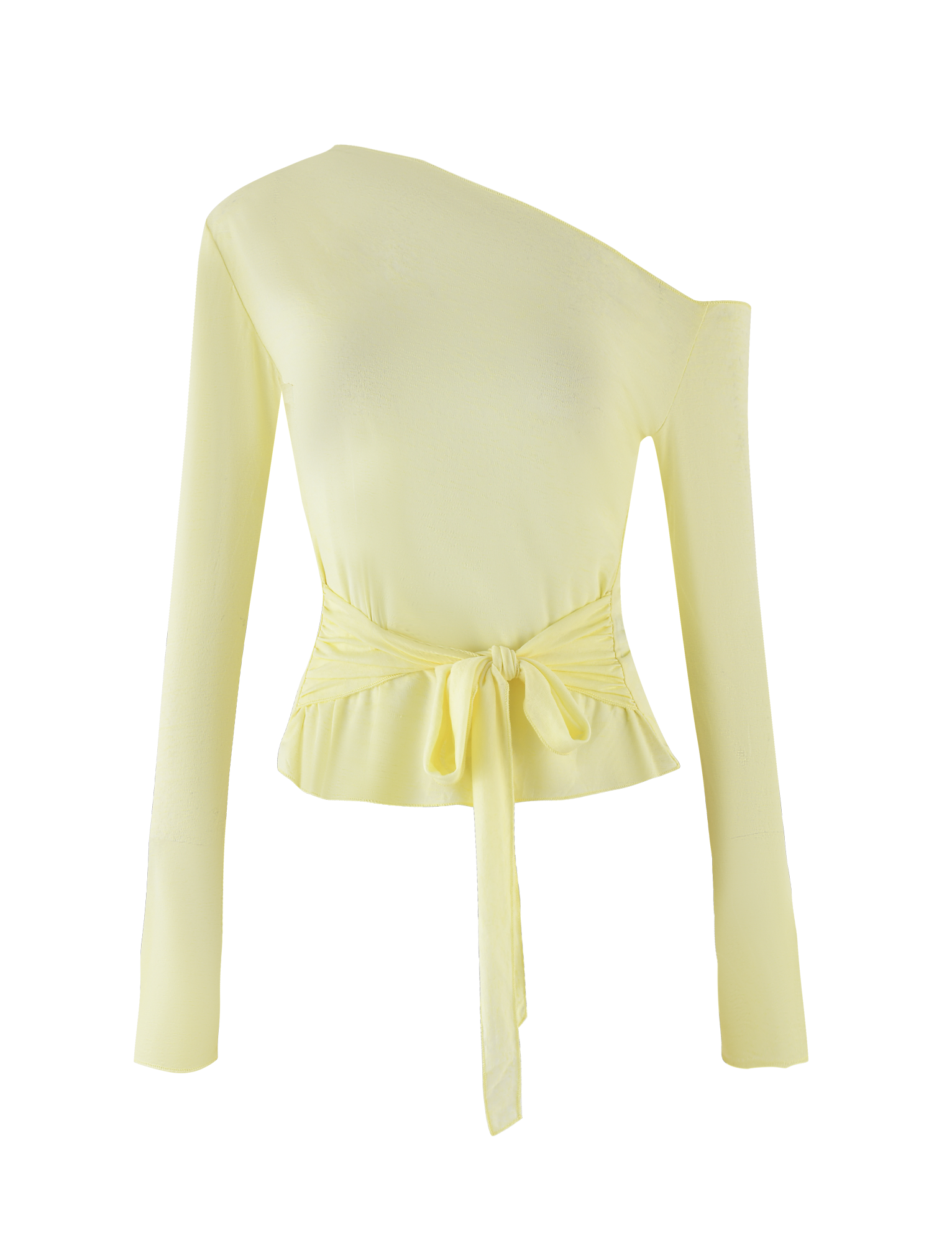 TIGERMIST BRYNA JUMPER in pale lemon features a light yellow asymmetric knit design with one shoulder exposed, long sleeves, fitted waist, and an adjustable front fabric tie for a flattering gathered effect.