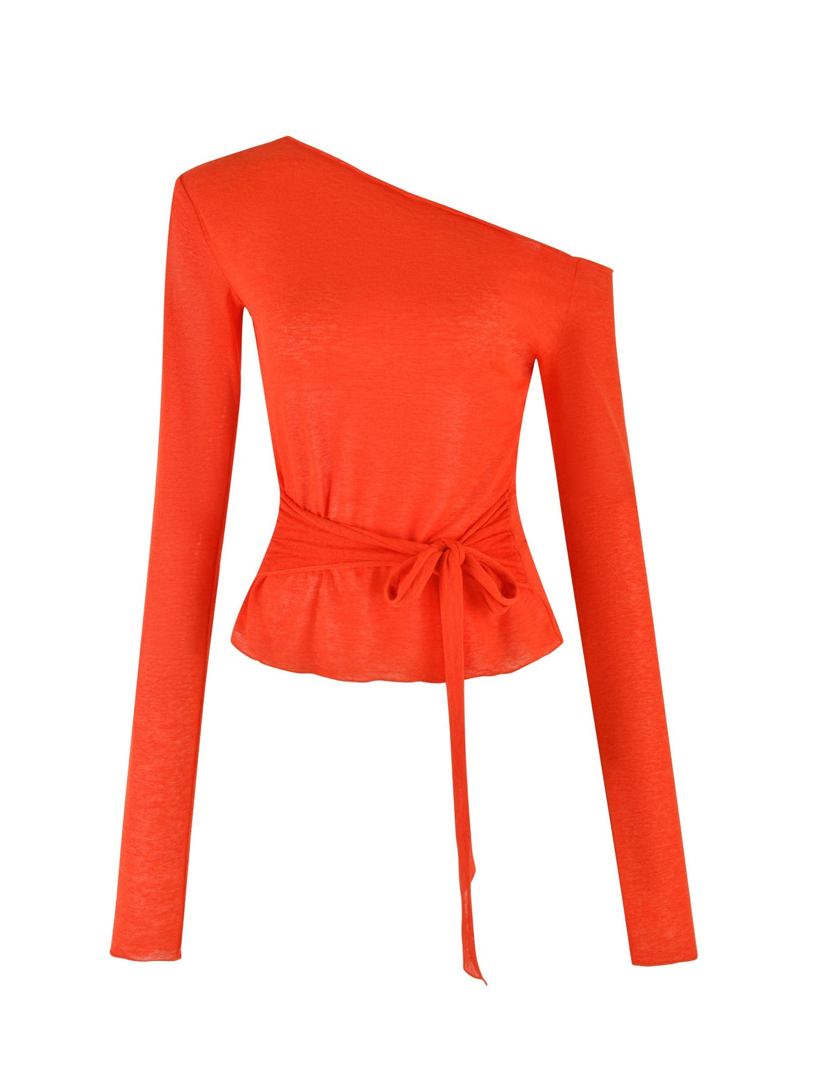 The BRYNA JUMPER - RED by TIGERMIST is a vibrant red, long-sleeve, one-shoulder top with a cinched waist and tie detail. Its knit fabrication features a peplum hemline and a fitted silhouette, combining a stylish asymmetrical design with a touch of elegance.