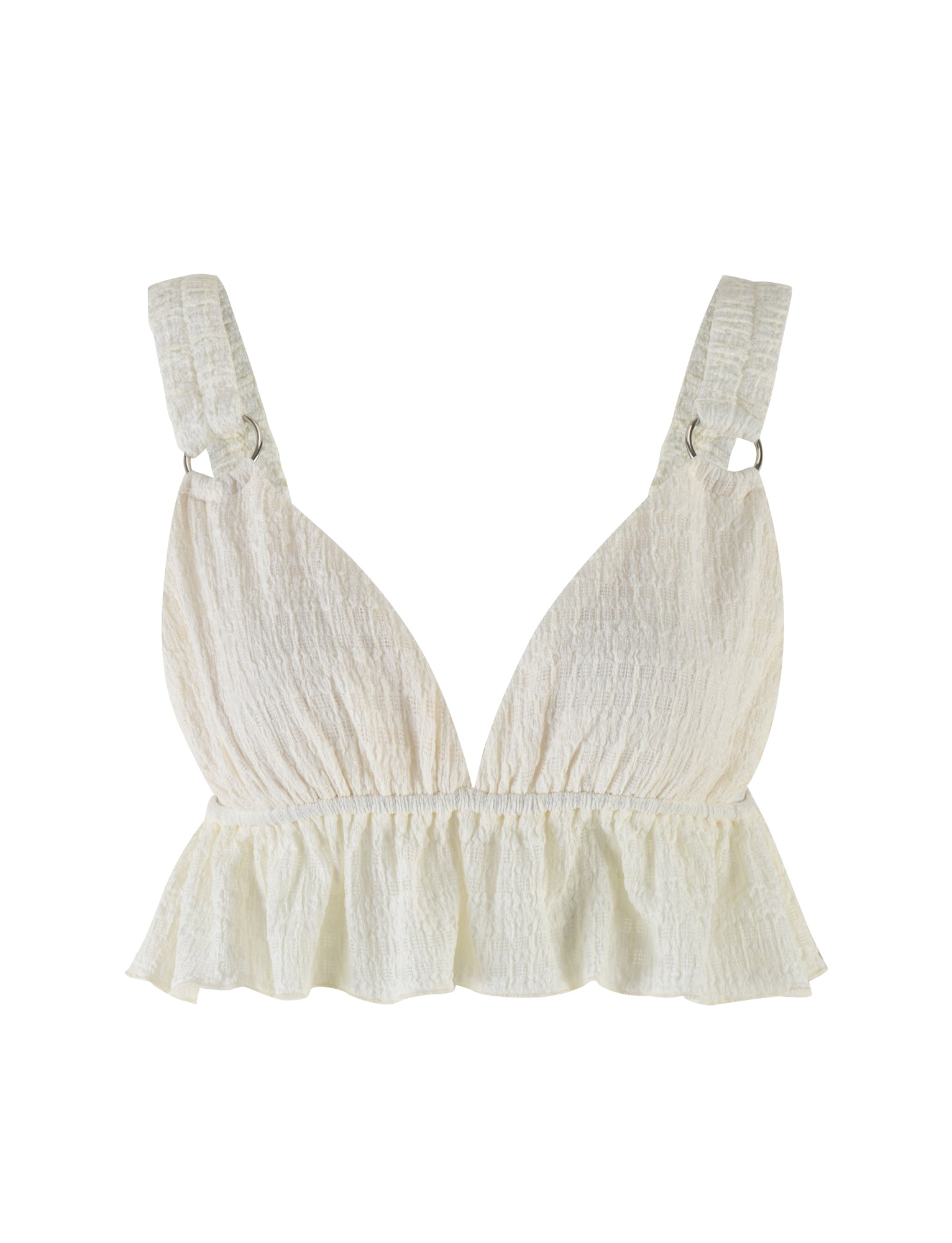 Introducing the ALDRIDGE TOP - WHITE from TIGERMIST, a textured jersey bralette featuring adjustable shoulder straps and a ruffled hem. The fabric boasts a slightly crinkled appearance, adding a unique touch to its design. This crop-length piece is elegantly displayed against a plain white background.