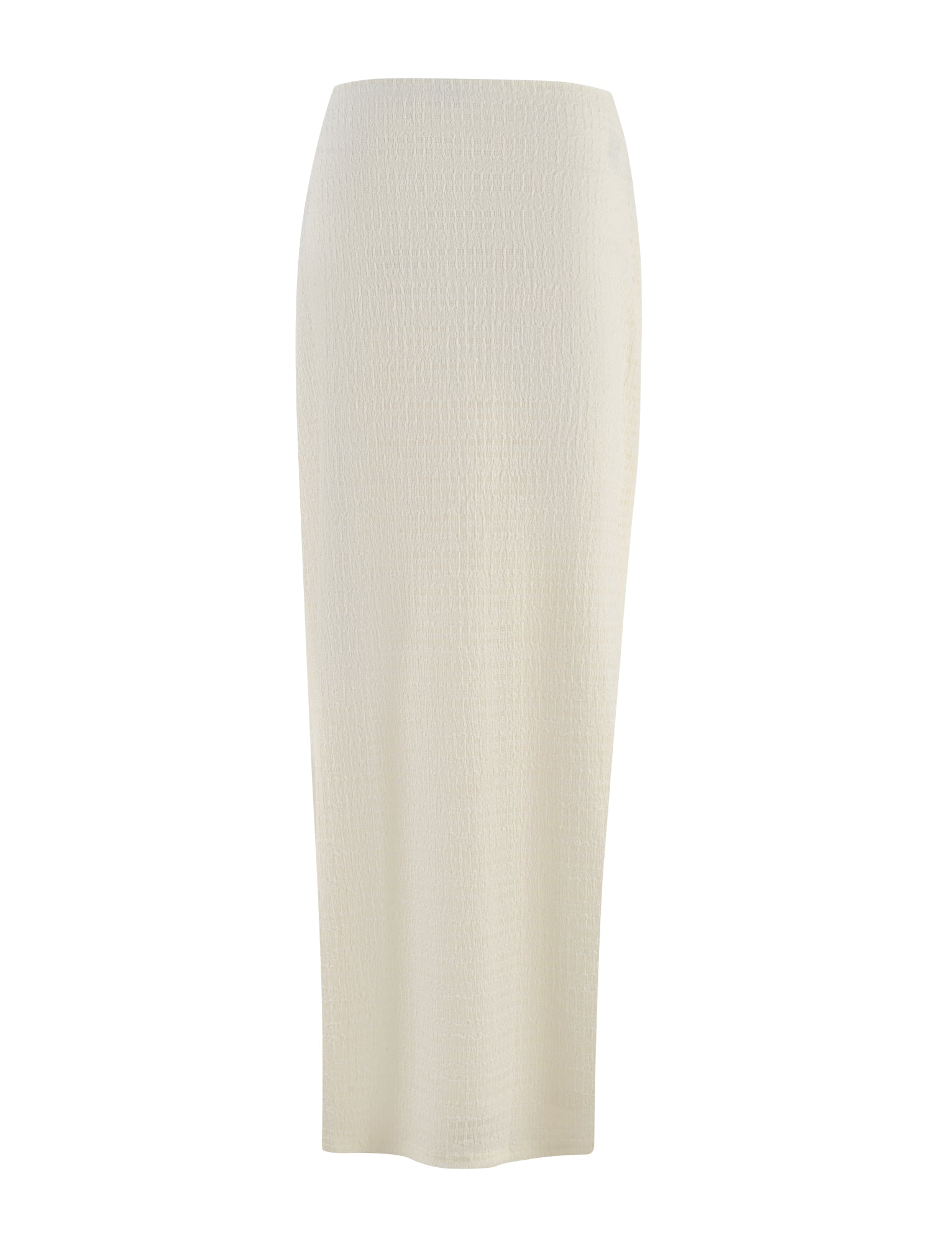 The ALDRIDGE SKIRT by TIGERMIST is a high-waisted, white ankle-length pencil skirt crafted from a slightly textured jersey fabric. Its simple and fitted design offers a sleek, elegant appearance.