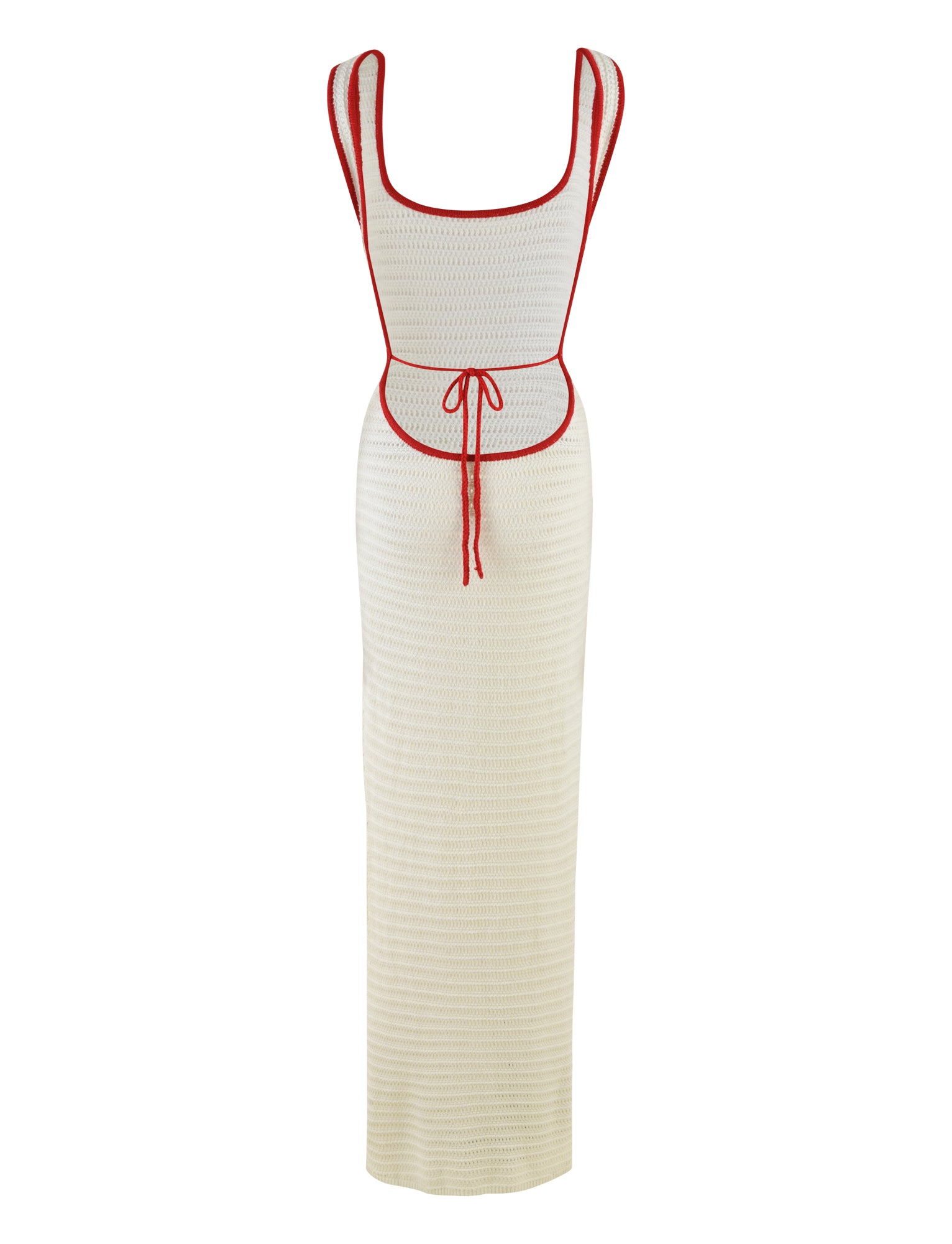 The MARLEIGH DRESS - WHITE by TIGERMIST is a long, sleeveless knit dress with a fitted silhouette featuring a cream color and red trim along the edges. It includes stylish details such as a scoop neckline and a red drawstring at the waist that ties in front. This elegant maxi-length dress offers an added touch of sophistication with its scoop neckline.