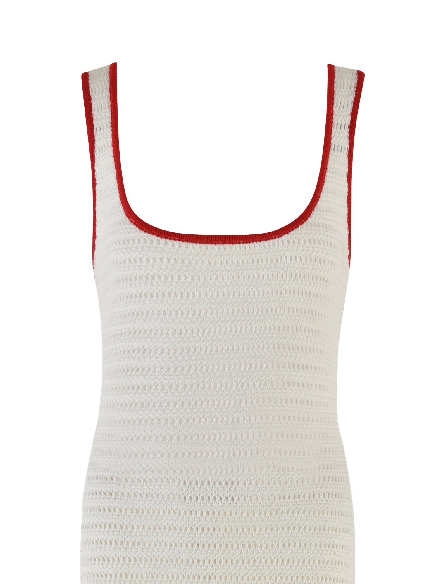 Image of the MARLEIGH DRESS - WHITE by TIGERMIST, a sleeveless dress with a square neckline. It features red trim around the neck and armholes, and the crochet material showcases a delicate pattern. The dress appears modern and fitted.