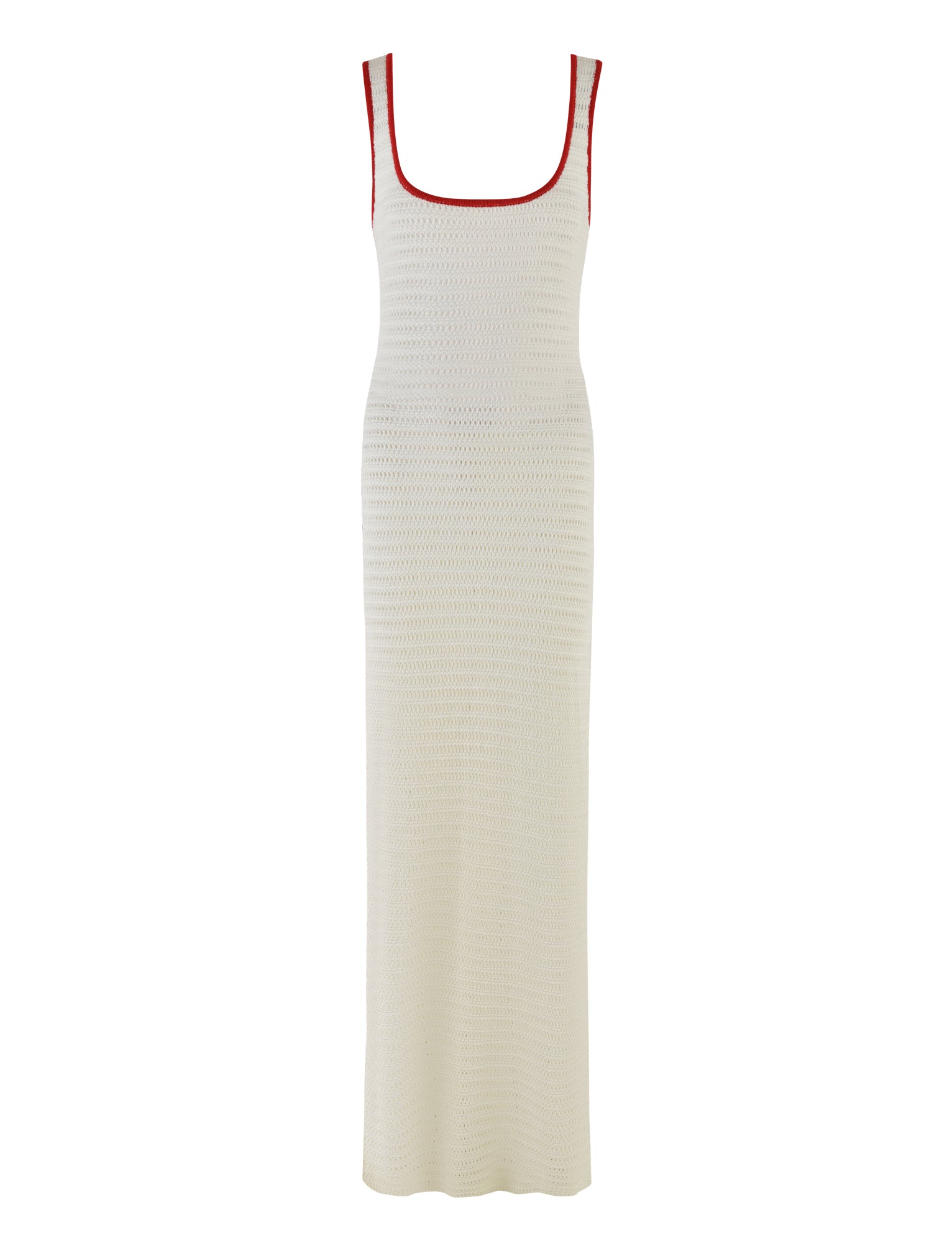 Presenting the MARLEIGH DRESS - WHITE by TIGERMIST: An elegant, sleeveless, ankle-length crochet dress in ivory featuring a fitted silhouette. This chic white ensemble boasts a square neckline accented with a striking red trim.