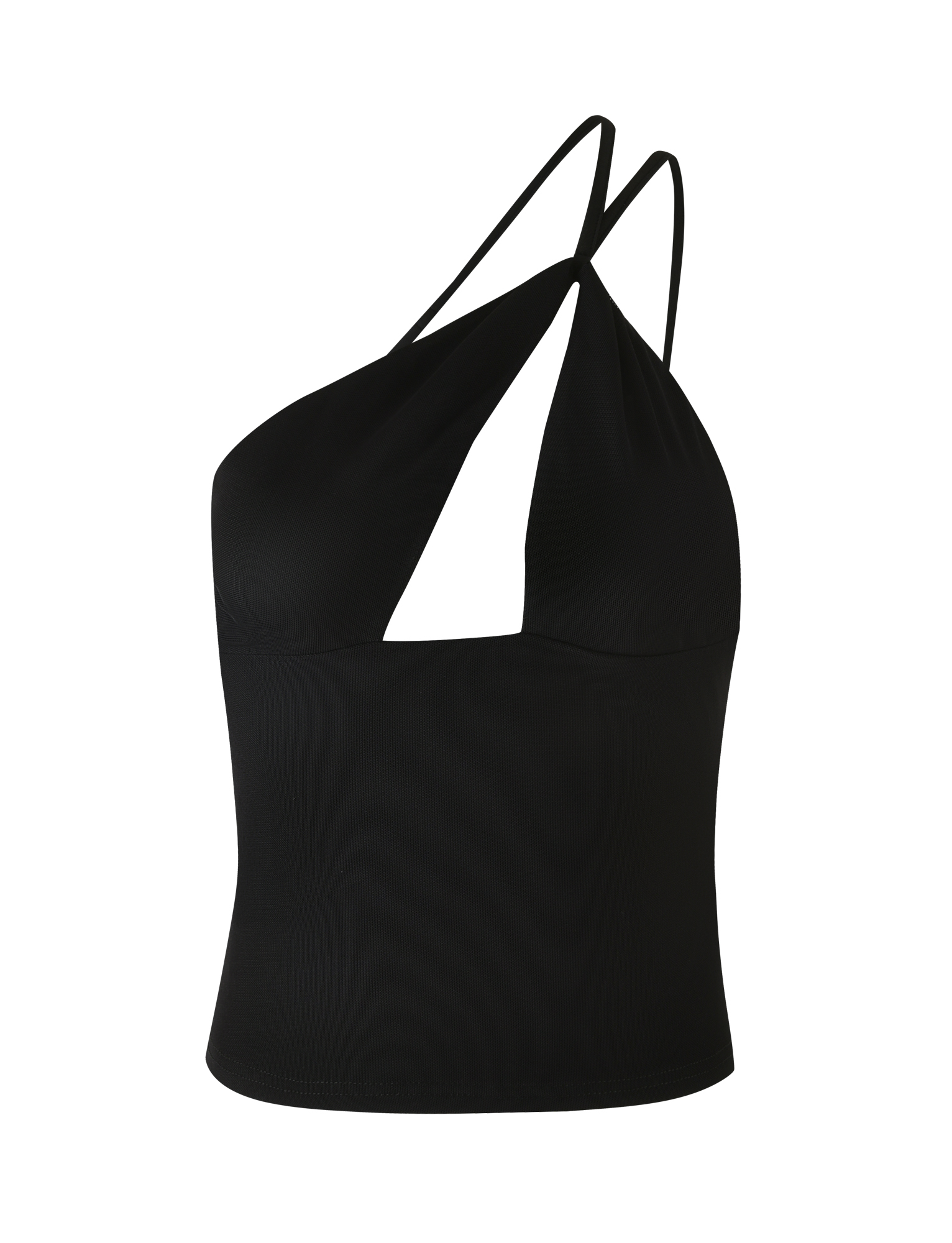 The ACADIA TOP - BLACK from TIGERMIST is a black mesh bodycon top featuring an asymmetric neckline, cutout detail, and two thin straps crossing one shoulder.